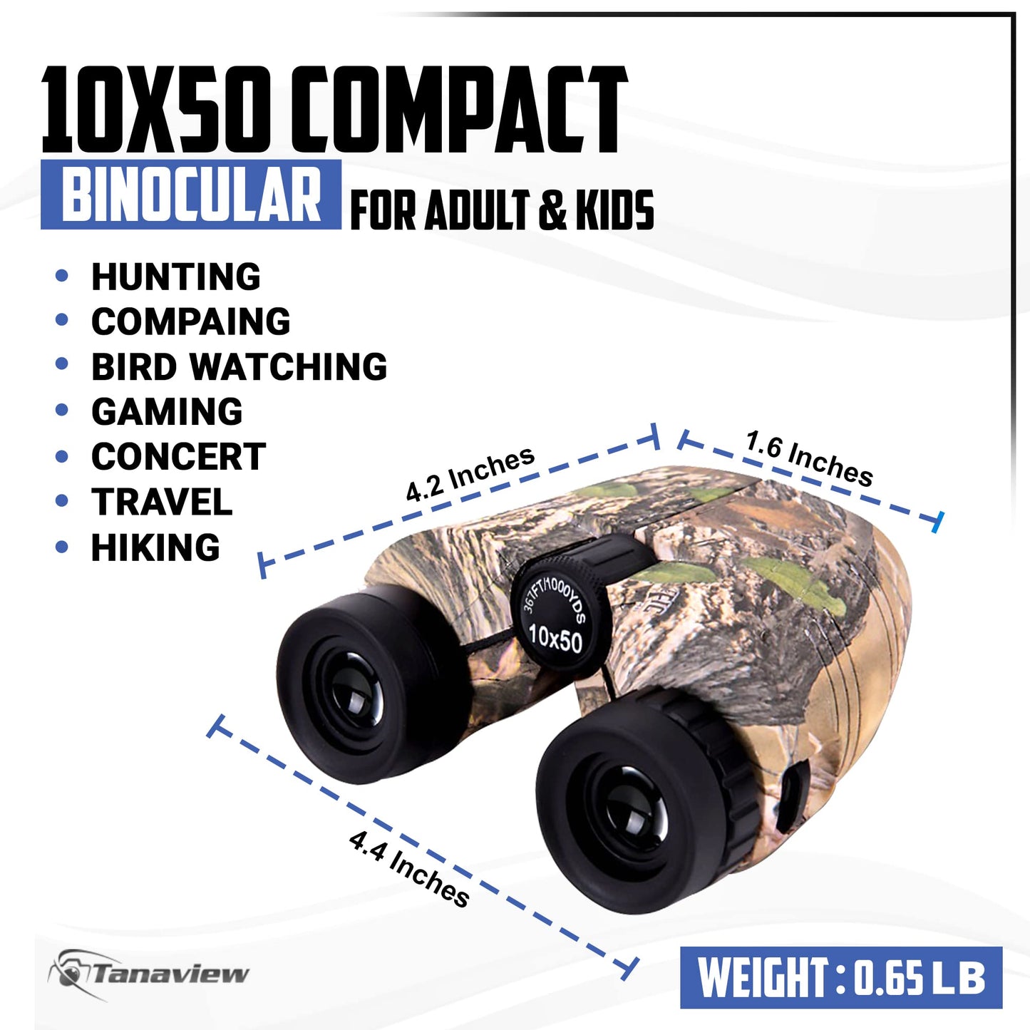10x50 Compact Binoculars for Adults - Long Distance, High Powered Binoculars with Travel Case - Lightweight, Large Eyepiece, Water & Fog Proof - Hunting, Bird Watching, Cruise