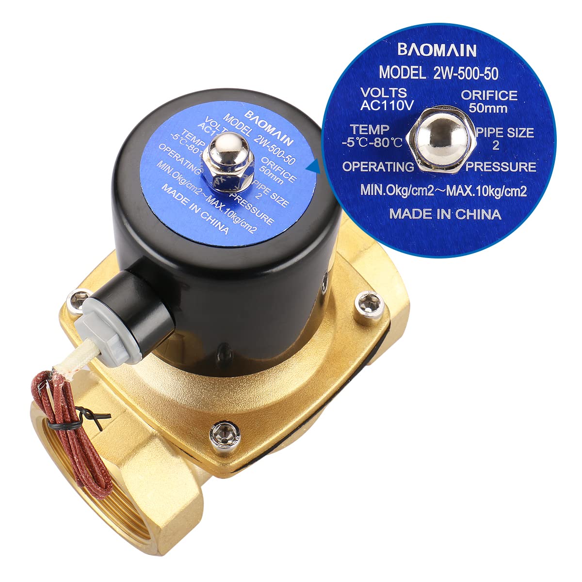 Baomain 2 inch AC 110V Brass Electric Solenoid Valve Water Air NC Valve 2W-500-50
