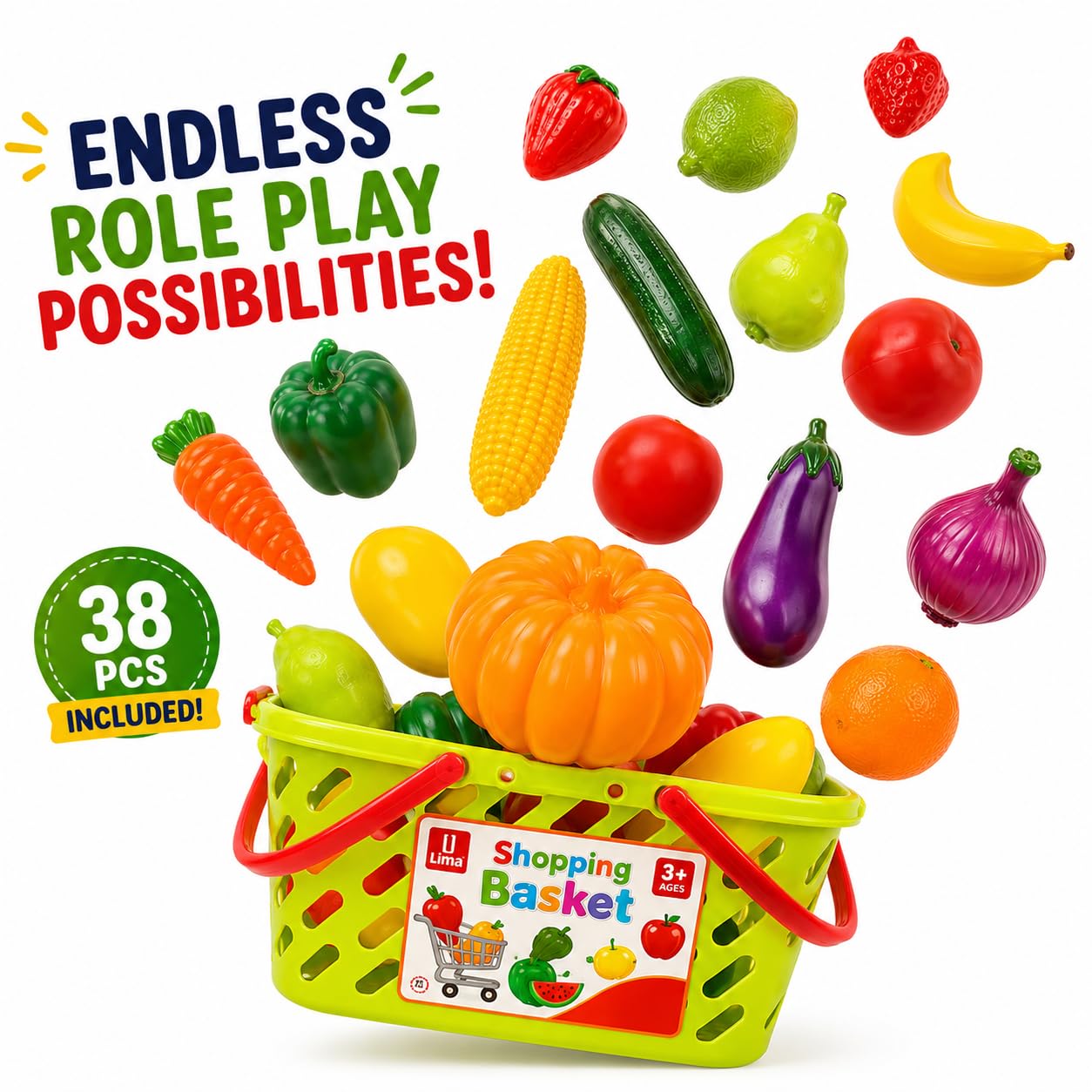 Liberty Imports Fruits and Vegetables Shopping Basket Grocery Play Food Set for Kids-38 Pieces