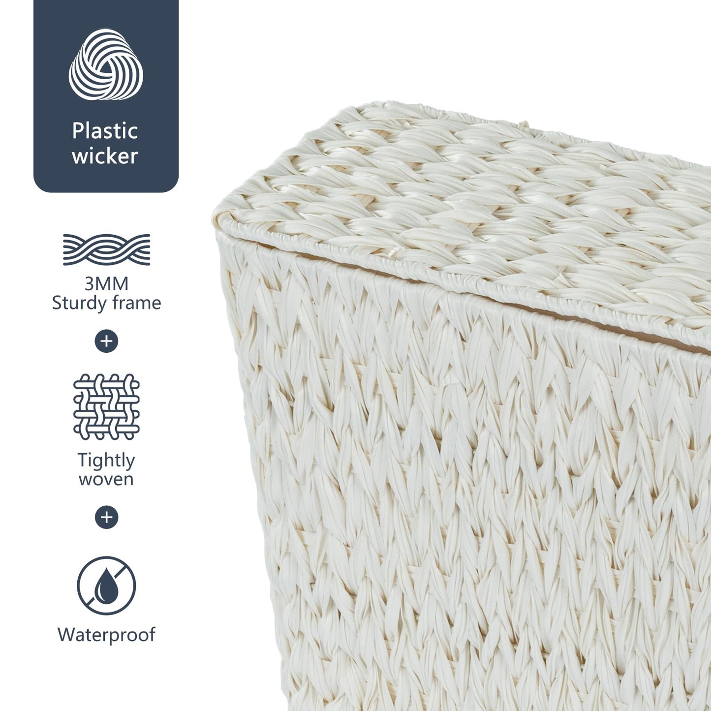 Coeusy Wicker Trash Can with Lid and Liner,Boho Decotative Small Bathroom Trash Cans,Waterproof Slim Waste Basket for Bedroom,Home Office,3 Gallon Cream White