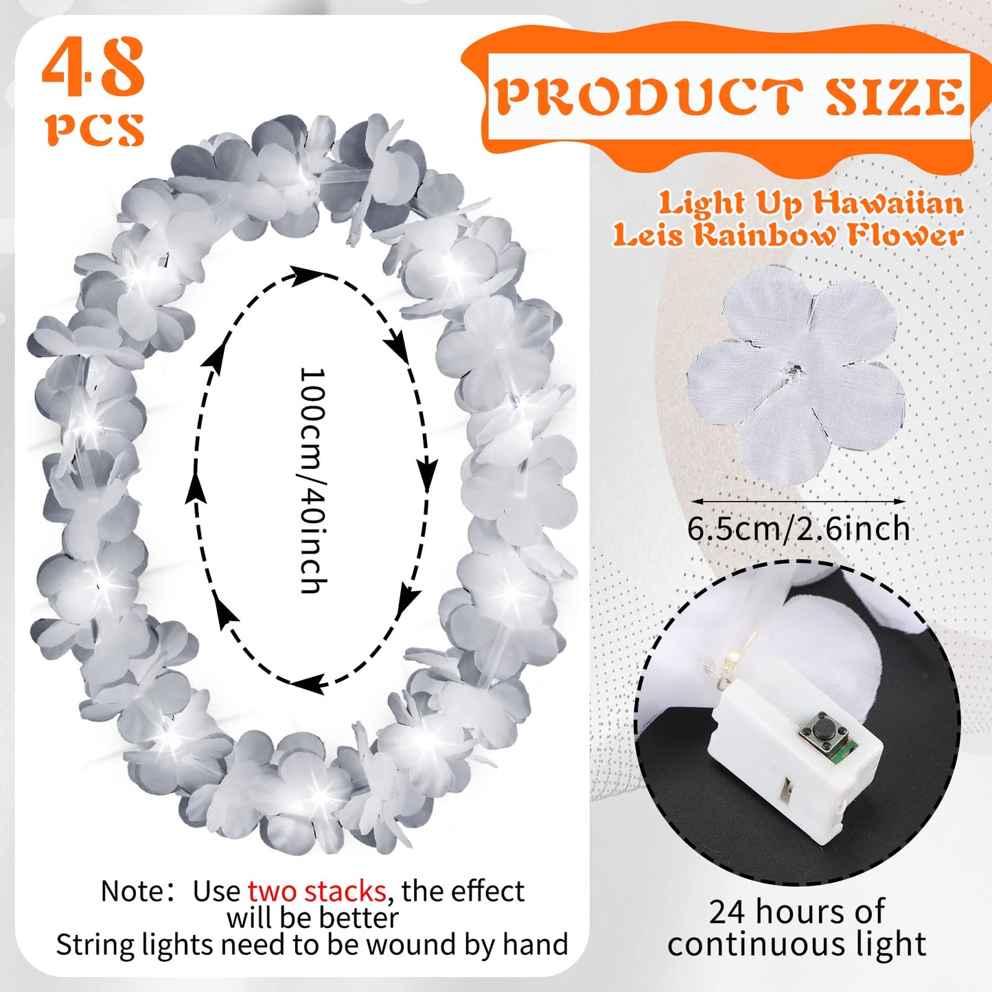 Sherr 48 Pcs LED Hawaiian Leis Light up Flower Leis Necklace with LED Lights Luau Flowers Necklaces for Masquerade Beach Wedding Tropical Themed Party Supplies(White)
