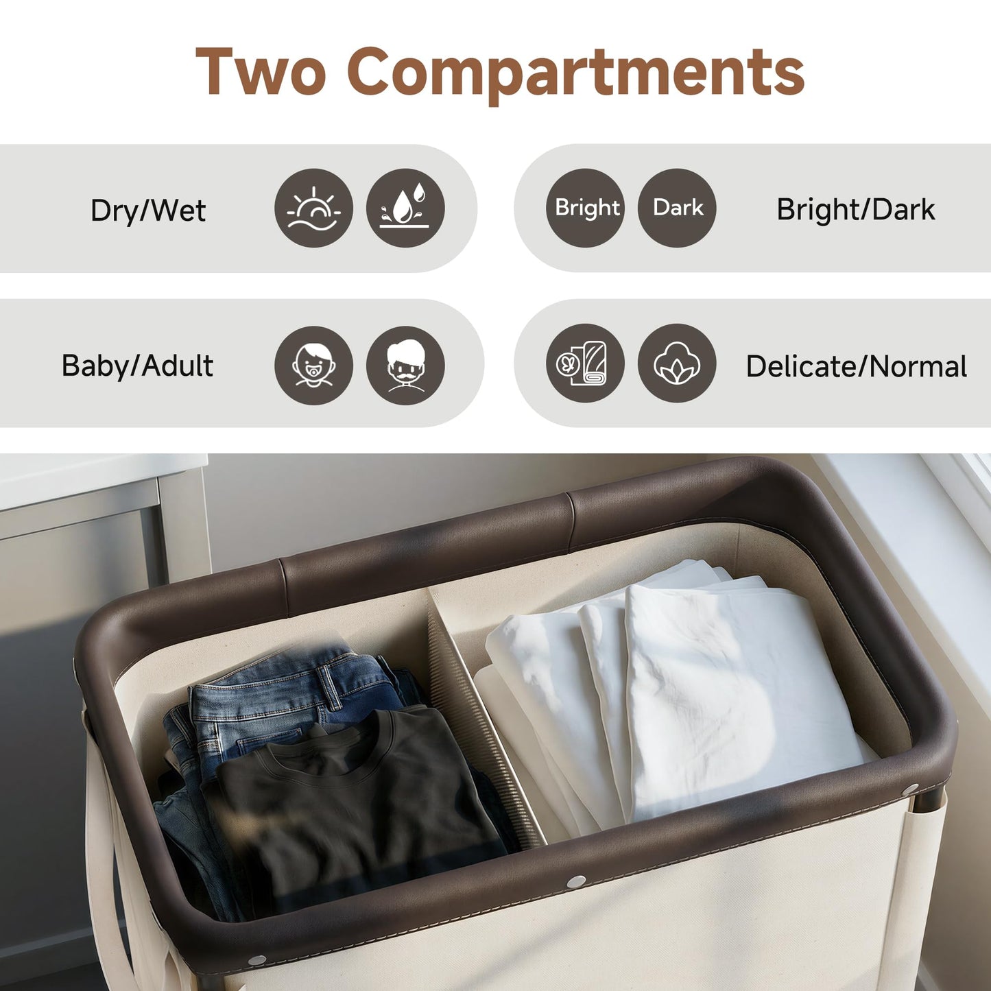 StorageWorks 2 Section Laundry Hamper, Rolling Laundry Cart with Wheels and Handles, Laundry Room Double Sorter for Organizer and Storage, 26.4 Gal(100L), Beige