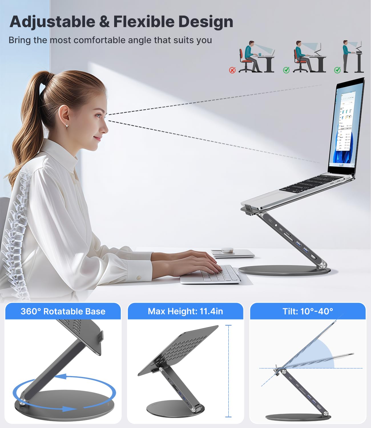 KU XIU Adjustable Laptop Stand with 8 in 1 USB C Hub, Foldable Portable Computer Notebook Stand with 360° Rotating Base, Riser Holder Mount for All 10-17" Laptops (Gray)
