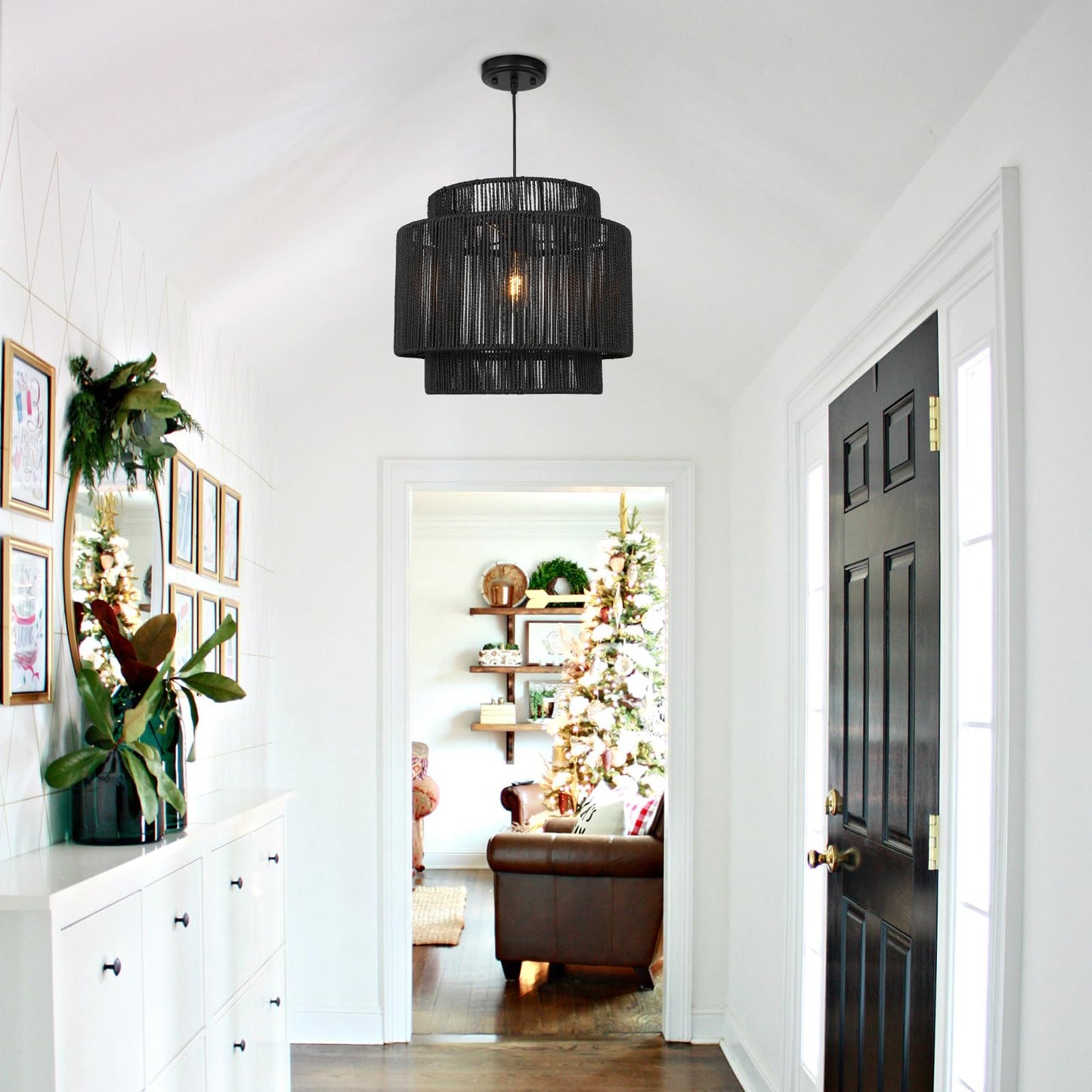 Rosient 16 Inch Large Natural Simple Hand Weaved Rattan Pendant Lamp, Coastal Beach Black Rope Hanging Pendant Light Fixture for Dining Room Living Room Bedroom Kitchen Foyer