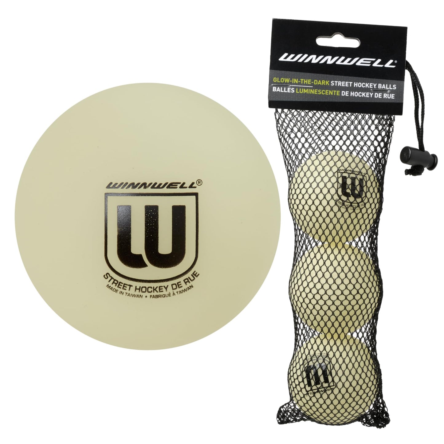 Winnwell Street Hockey Balls Glow-in-The-Dark Ball for Indoor & Outdoor - Made for for Field, Road & Street Hockey Games- 65mm & 50 Gram Weight (3 Pack with Mesh Bag)