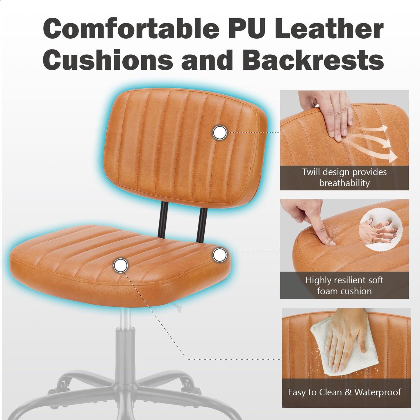 DUMOS Armless Home Office Executive Chair - Small Desk Chair with Low Back Lumbar Support, Height Adjustable PU Leather Computer Task Chair with 360° Swivel Wheels, for Adults, Brown