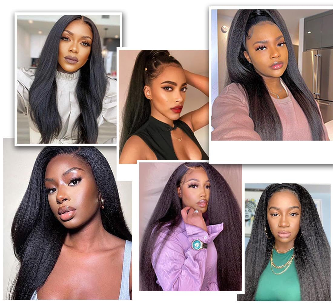 OLFORY Hair Bundles 12A Yaki Kinky Straight Human Hair 3 Bundles 100% Unprocessed Mongolian Virgin Human Hair Kinky Straight Bundles Yaki Hair Natural Color (20 22 24)