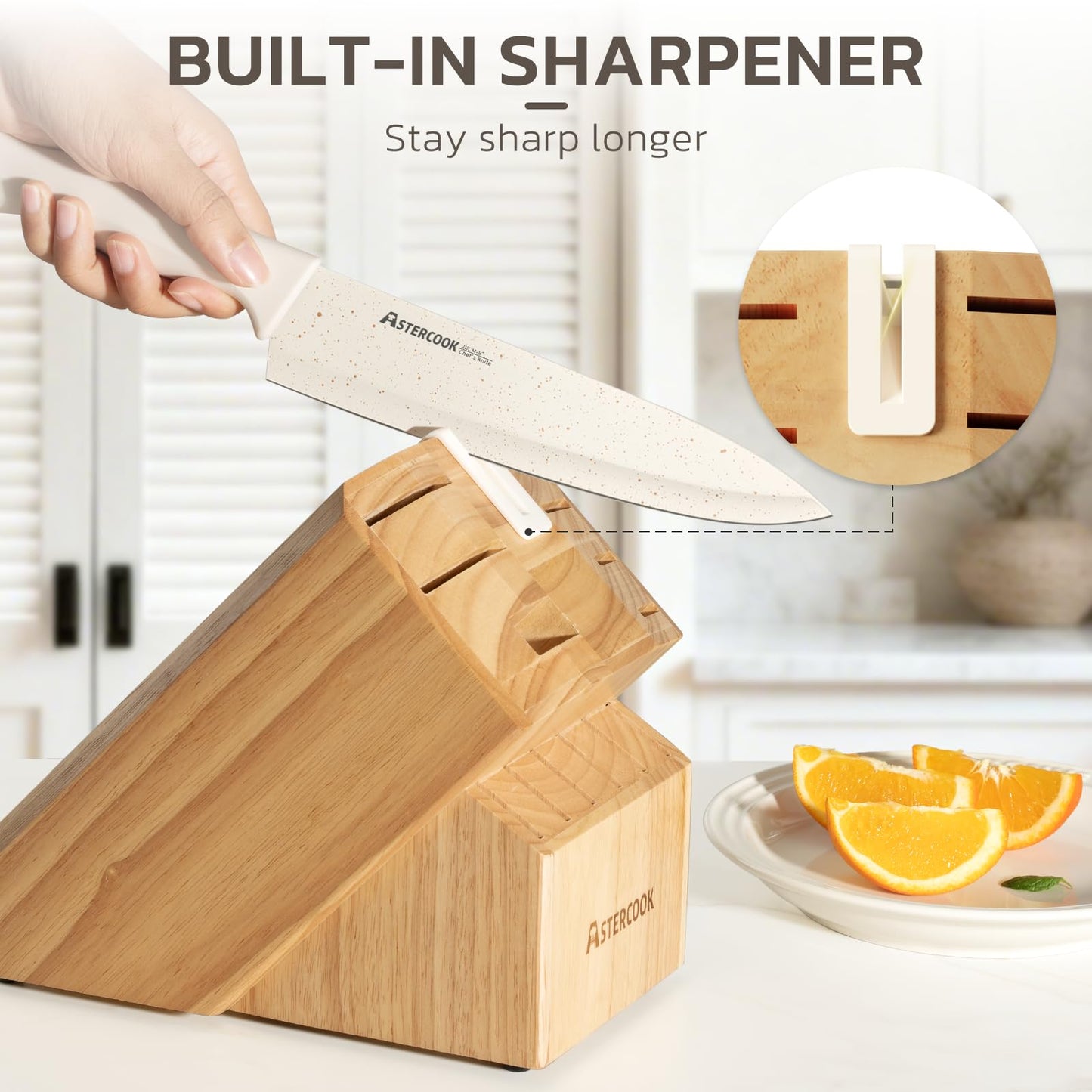 Astercook Knife Set, 15 Pieces Kitchen Knife Set with Sharpener Block, German Stainless Steel Knives with Anti-Rust Coating, Dishwasher Safe, Elegant Cream White Design, Perfect for Holiday Gifts