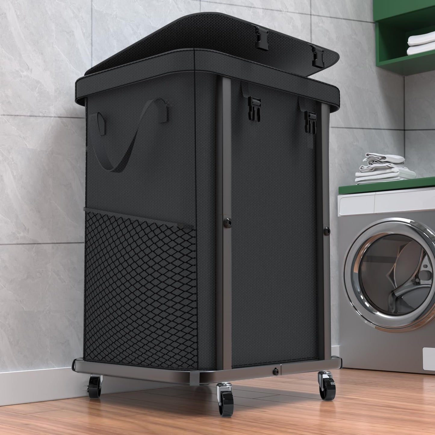 40 Gal(150L) Laundry Basket with Lid, Rolling Laundry Hamper with Wheels, Dirty Clothes Hamper with Metal Frame and Removable Bag Design, Suitable for Laundry Room, Bedroom - Black