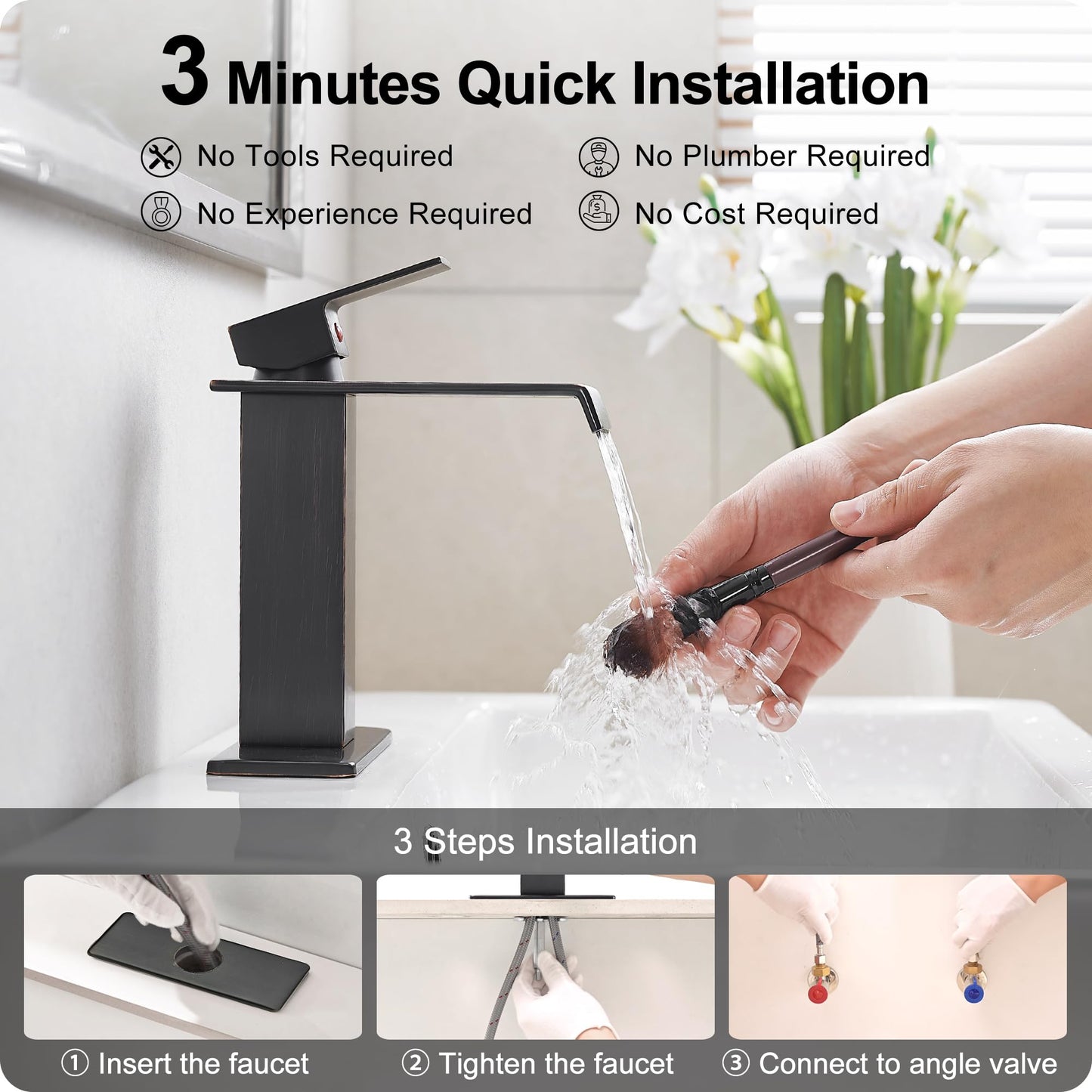 HOIGY Oil Rubbed Bronze Bathroom Faucet Waterfall Faucet, Brass Single Handle Bathroom Sink Faucet 1 Hole or 3 Holes, 4 Inch Bathroom Faucets with Deck Plate & Pop-Up Drain for Farmhouse Quick Install