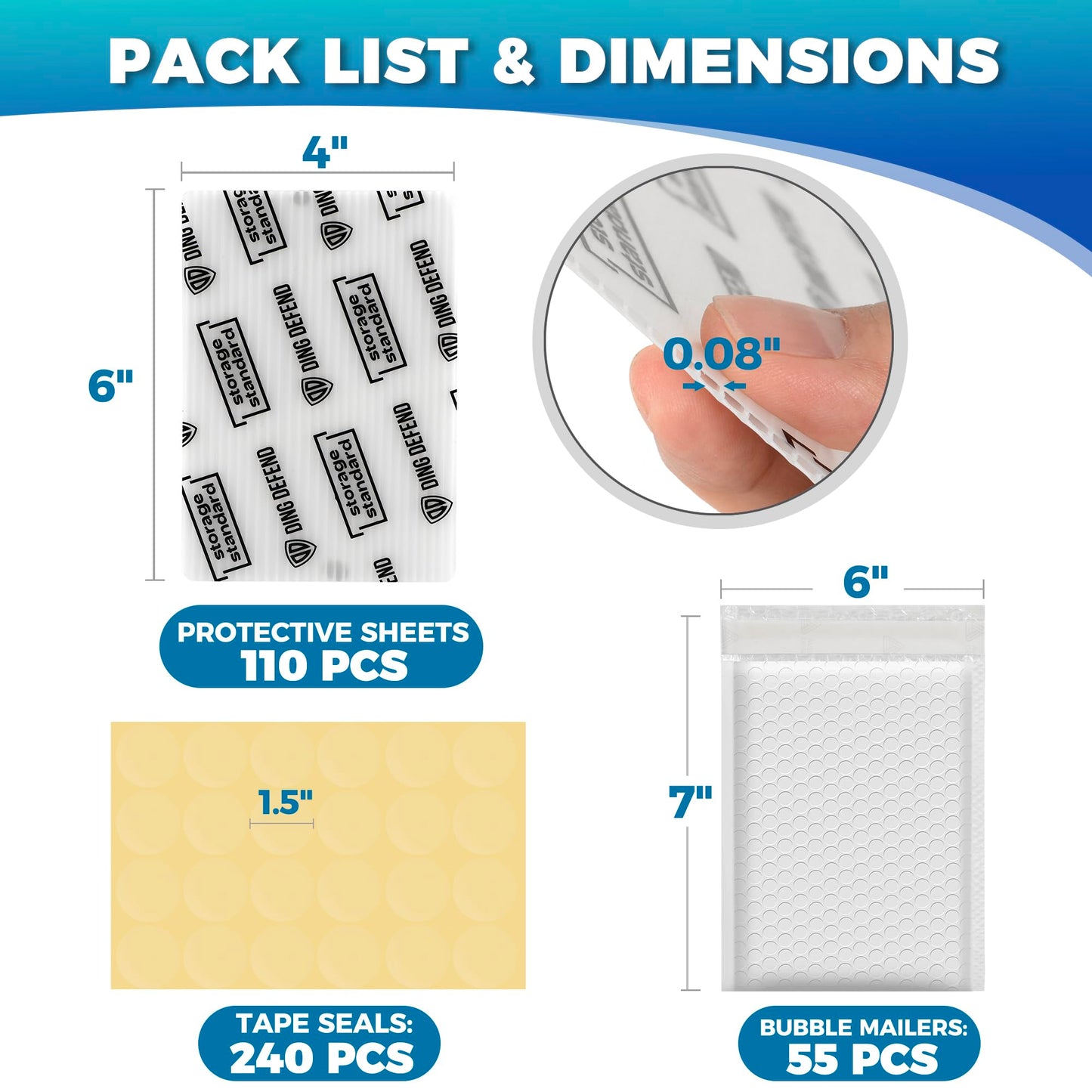 Ding Defend Card Shipping Kit Envelope Bubble Mailers - Includes 110 4’’ x 6’’ Semi-Transparent Small Padded Envelopes/Protectors, 55 Small Bubble Mailers, 240 Tape Seals for Collectible Cards & Slabs