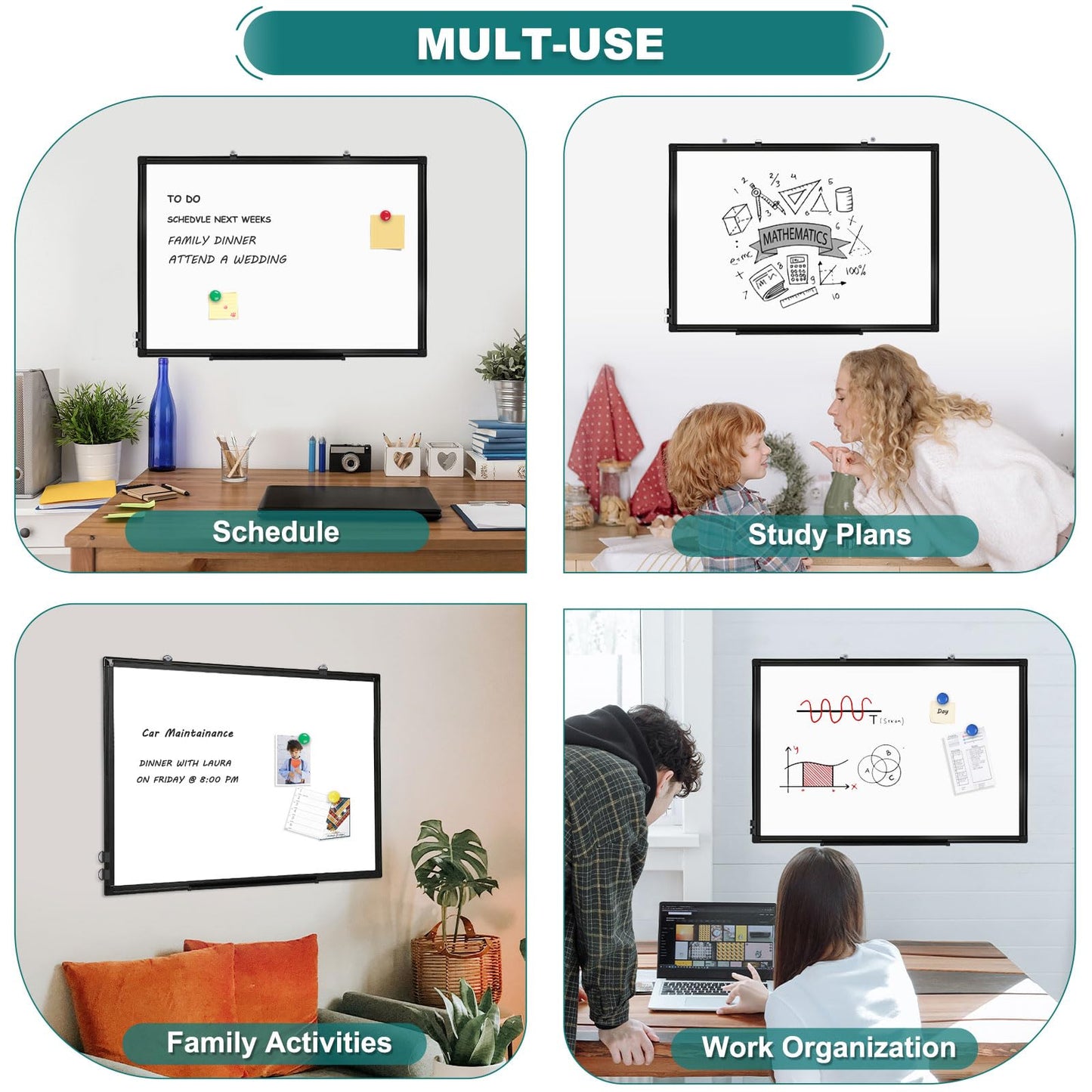 QUEENLINK Double Sided Magnetic White Board，36"x24" Dry Erase Whiteboard for Wall with Black Aluminum Frame Presentation Board for School, Office and Home