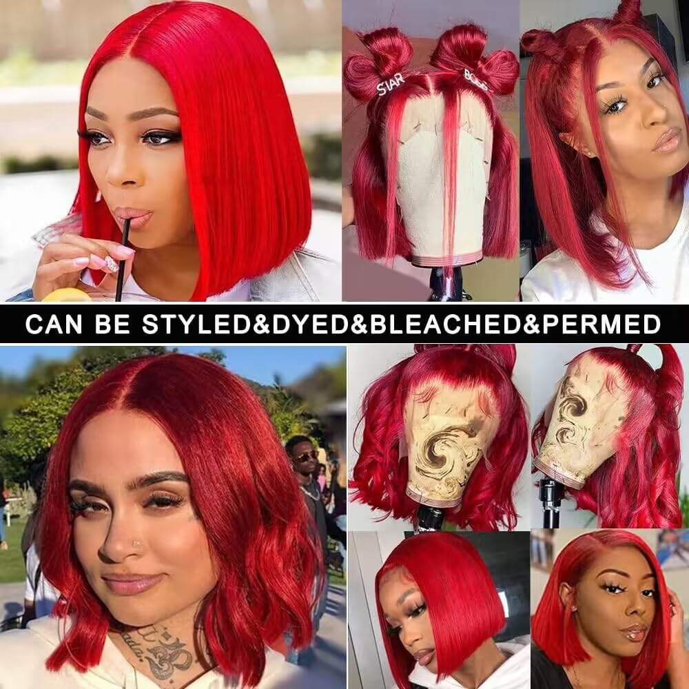 Pre Plucked 13X4 Straight Red Bob Wig Human Hair Lace Front Wigs With Baby Hair Natural Hairline Glueless Wigs Human Hair Pre Cut Bob HD Transparent Lace Frontal Blunt Cut Red Bob Wigs For Black Women