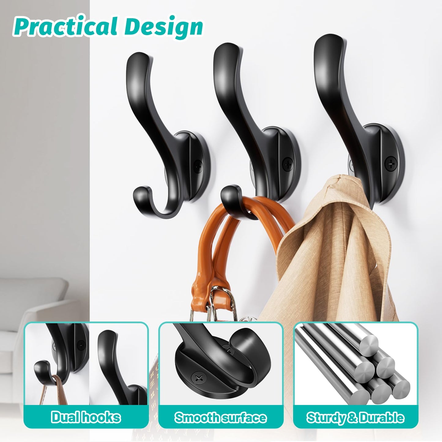 Ruiziiz Coat Hooks Heavy Duty - Easy to Install Metal Towel Hooks Screw-in Wall Hooks for Hanging Hat, Towel, Key, Robe, Scarf, Bag, Cap (12, Black)