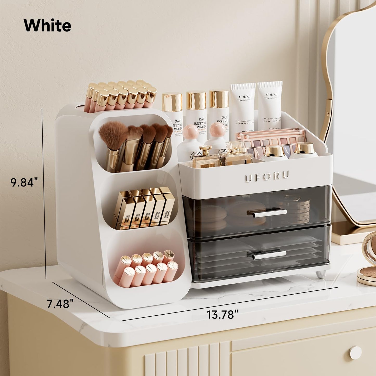 UFORU Makeup Organizer For Vanity, Countertop Organizer With Drawers, Spacious Cosmetic Display Case for Beauty Essential, Skincare, Lipstick (White)