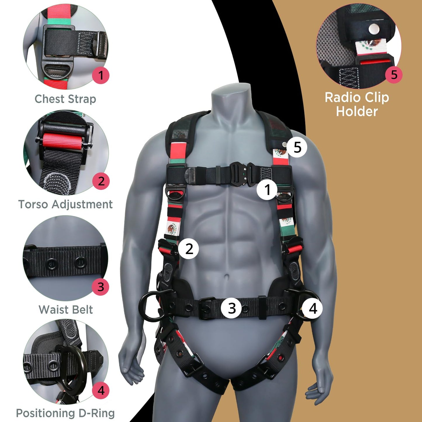 AFP Fall Protection Full-Body Premium Mexican Flag Safety Harness, Vented & Padded Shoulder, Legs & Back, 8” Thick Back Support Belt, Aluminum D-Rings, Tongue Buckle, Quick Release (OSHA/ANSI PPE)