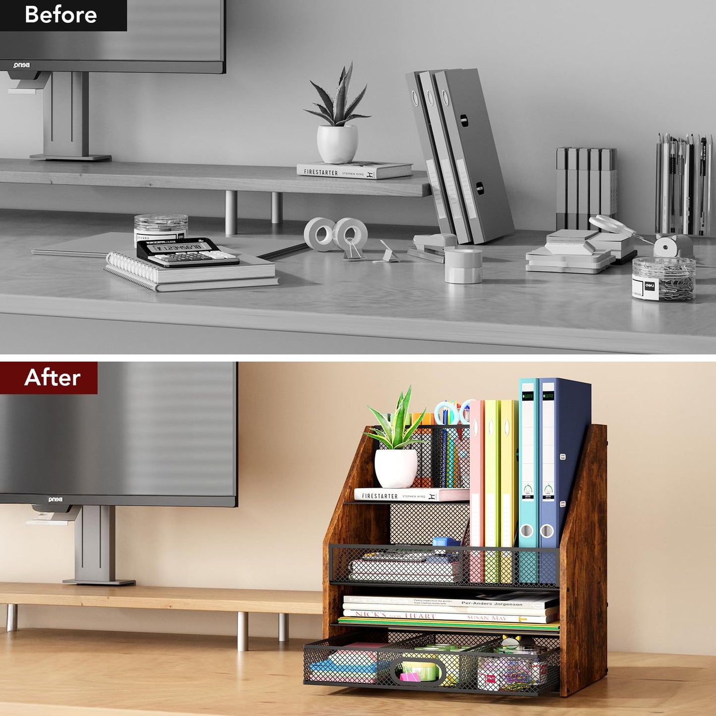 Homsorout Wooden Desk Organizer - Mesh File Organizer with Drawers and Pen Holder - 4-Tier Vertical Paper Letter Storage Tray, Desktop Organizers and Accessories for Home Office