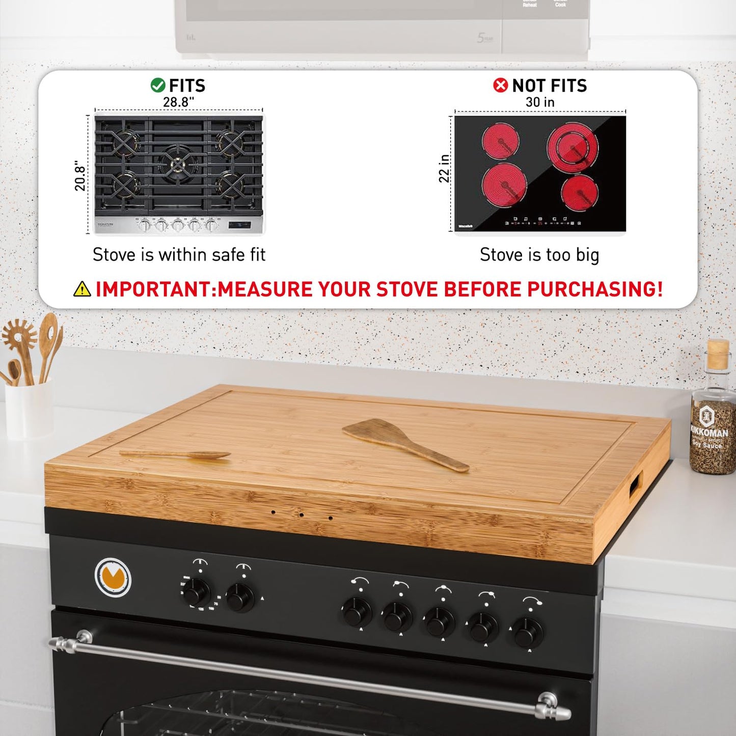 Buruis Acacia Wood Stove Cover for Gas & Electric Burners, 30”x22”x2.5” (Outer Size), Fits Stoves up to 28.8”x20.8” (Inner Size), Noodle Board with Handles & Juice Groove, (Natural Acacia)