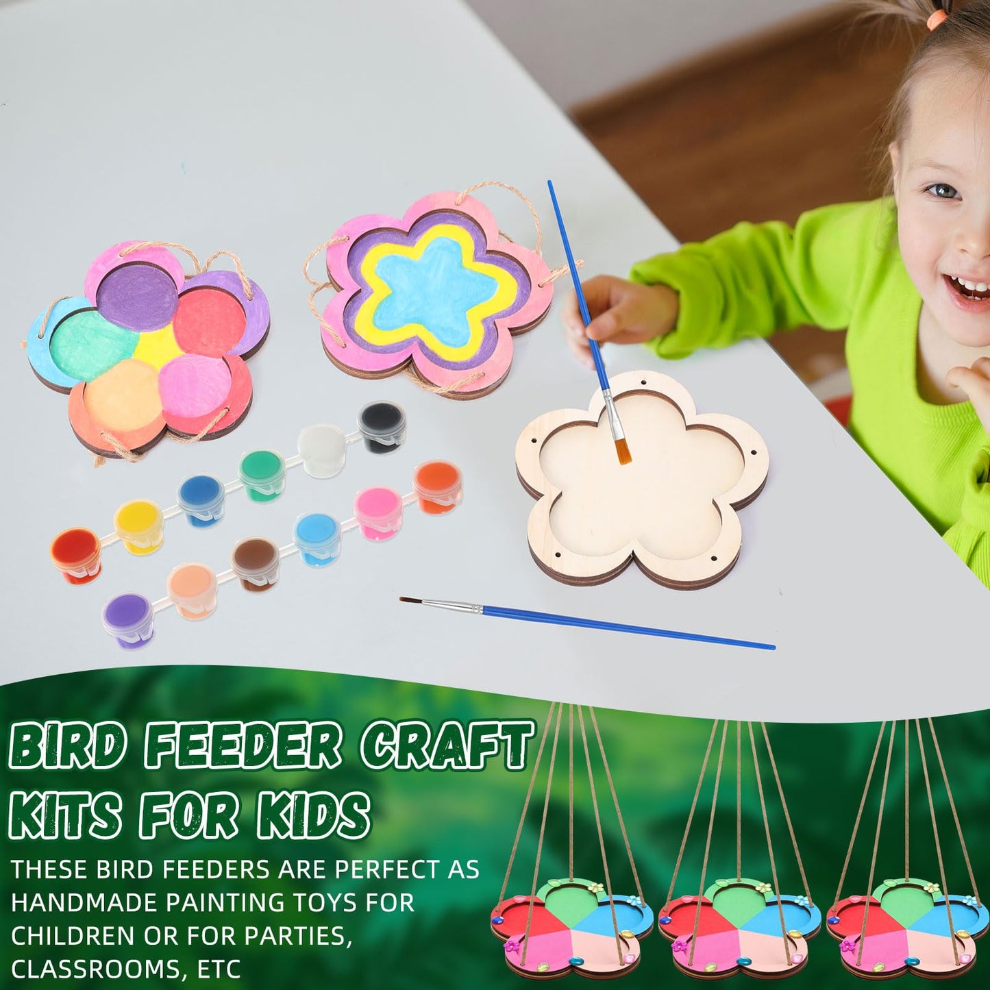 DoubleFill 24 Pcs DIY Bird Feeder Craft Kits for Kids Ages 5-8 8-12, 24 Flower Wooden Bird House, 4 Sets Watercolor and 200 Acrylic Diamonds for Children Spring Craft Activity Art DIY Project