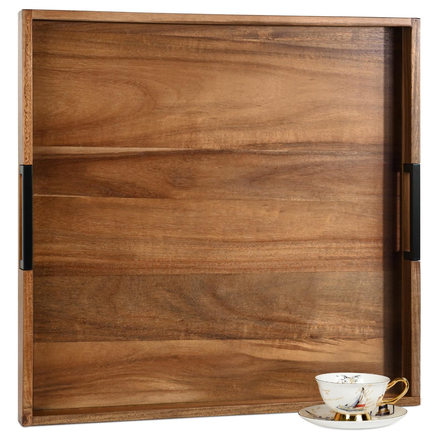 Large Ottoman Tray for Living Room and Coffee Table, Decorative Acacia Wood Serving Tray with Handles for Breakfast in Bed, Dinner Food Kitchen TV (Natural, 22" x 22" x 2")