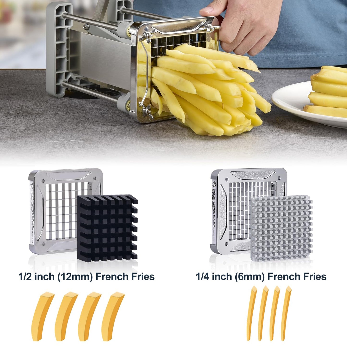 French Fry Cutter, Sopito Professional Potato Cutter Stainless Steel with 1/2-Inch and 1/4-Inch Blade Great for Potatoes Carrots Cucumbers