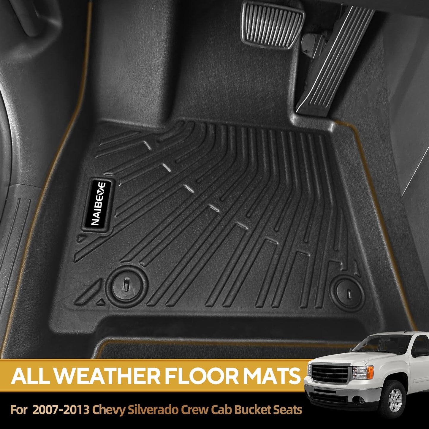 Naibeve Floor Mats for 2007-2013 Chevy Silverado/GMC Sierra 1500 Crew Cab with 1st Row Bucket Seats-All Weather for Silverado/Sierra 2500/3500 2007-2014 Floor Mats Interior Accessories