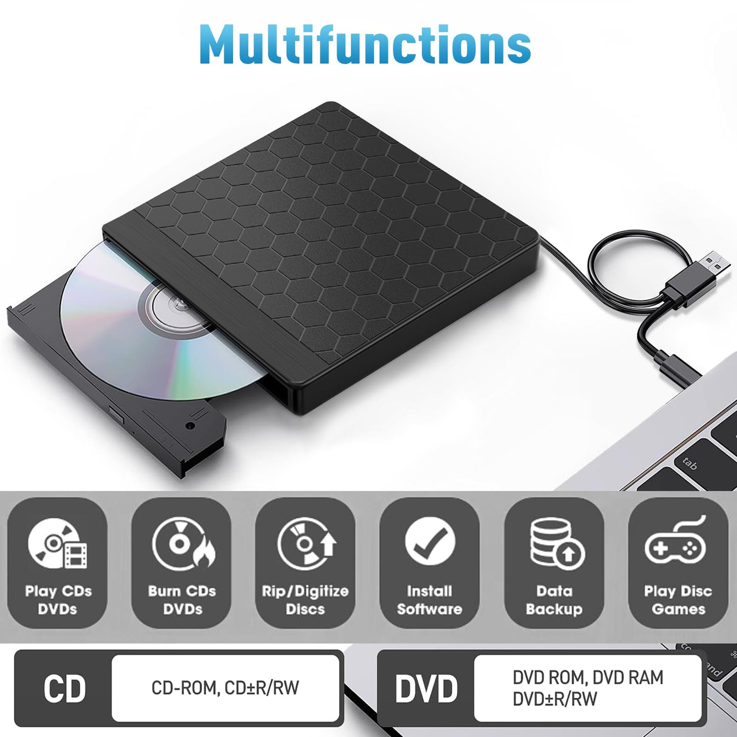 Aumdie External CD/DVD Drive for Laptop, USB 3.0 CD Burner with 2 USB Ports and 2 TF/SD Card Slots, DVD Player for Laptop, Mac, PC, Windows 11/10/8.1/7