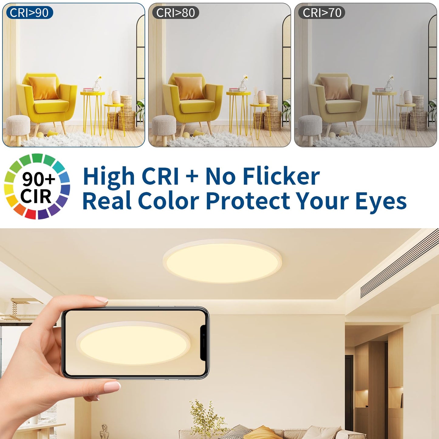 24'' Large Led Flush Mount Ceiling Light Fixture, Dimmable & 3000K/4500K/6000K Selectable, 48W, 4800LM, Modern, White, Ultra Thin, for Bedroom, Kitchen, Dining Room, Living Room, Home Office, Hallway