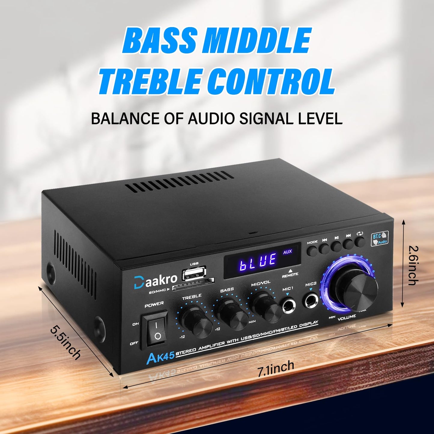 Daakro AK45 Stereo Audio Amplifier,Rated Power 40W Home 2 Channel Wireless Bluetooth 5.0 Power Amplifier System, Home Amplifiers FM Radio, USB, SD Card, w/Remote Control Home Theater Audio System