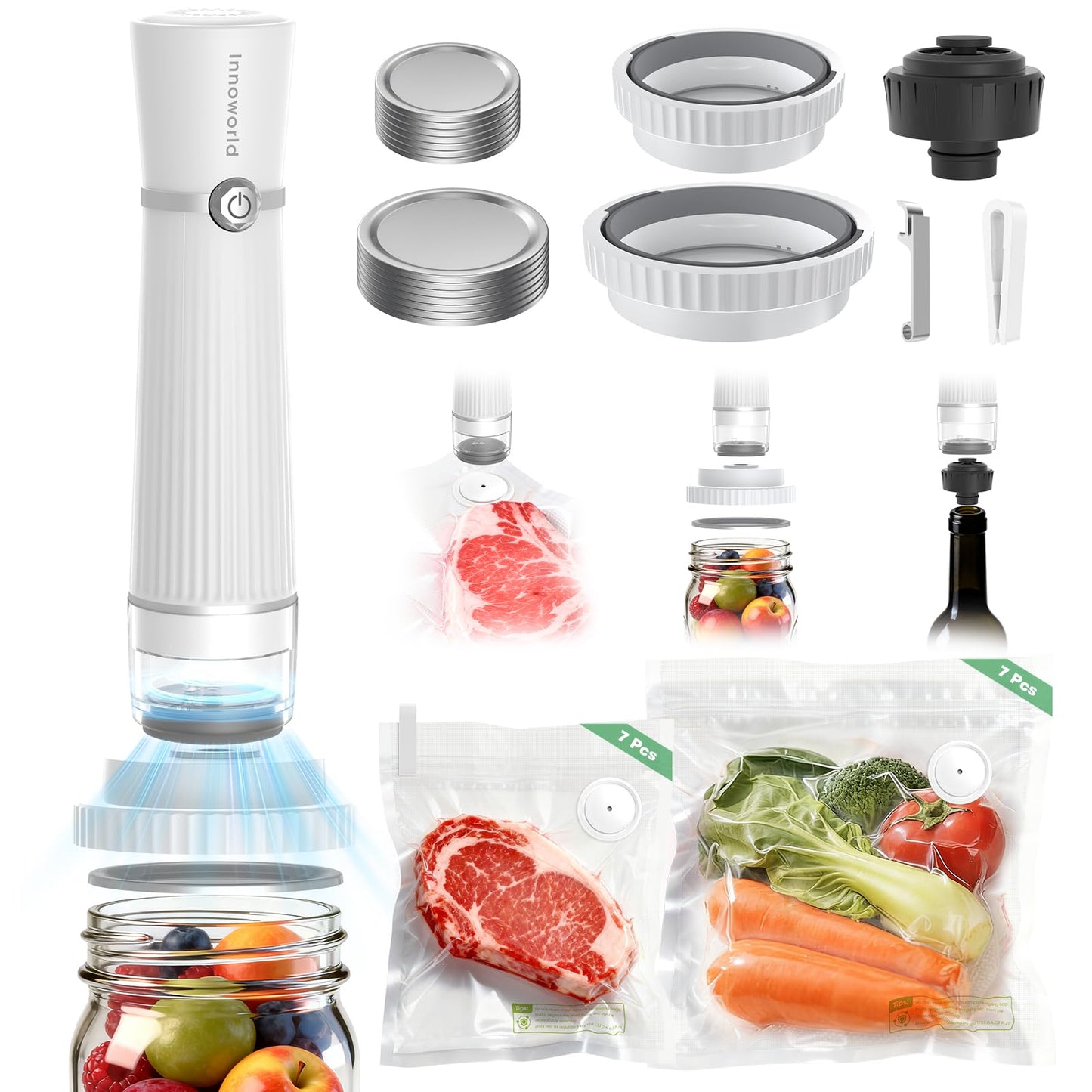 Innoworld 3-in-1 Vacuum Sealer for Food Compatible with Vacuum Bag, Mason Jar, Wine Bottle, Handheld Saver Compact Vacuum Sealer Machine