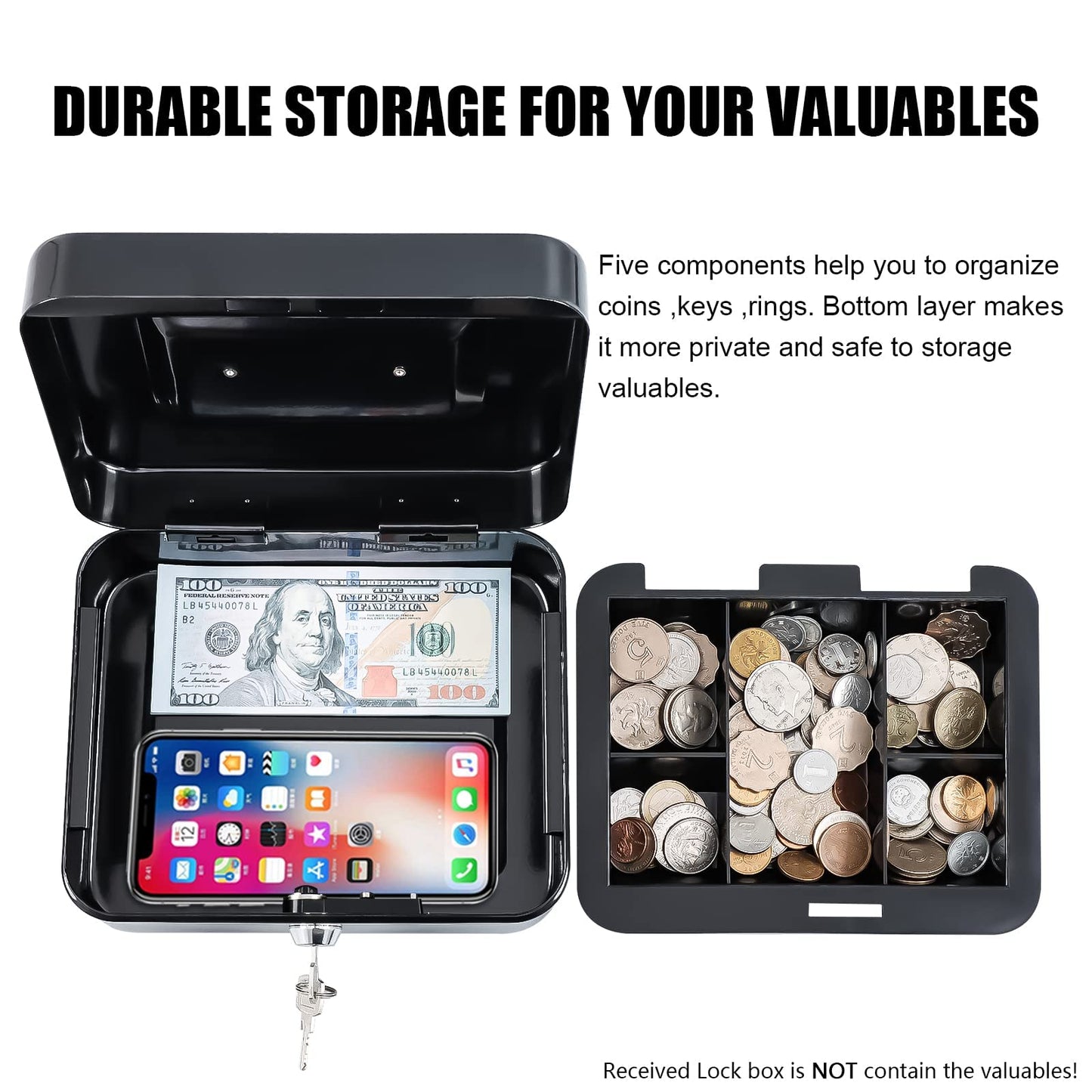 KYODOLED Metal Cash Box with Key Lock & Money Tray - Secure Safe for Home, Office & Events, Ideal for Cash, Meds & Small Items, 7.87" x 6.30" x 3.35", Black, 4 Pack