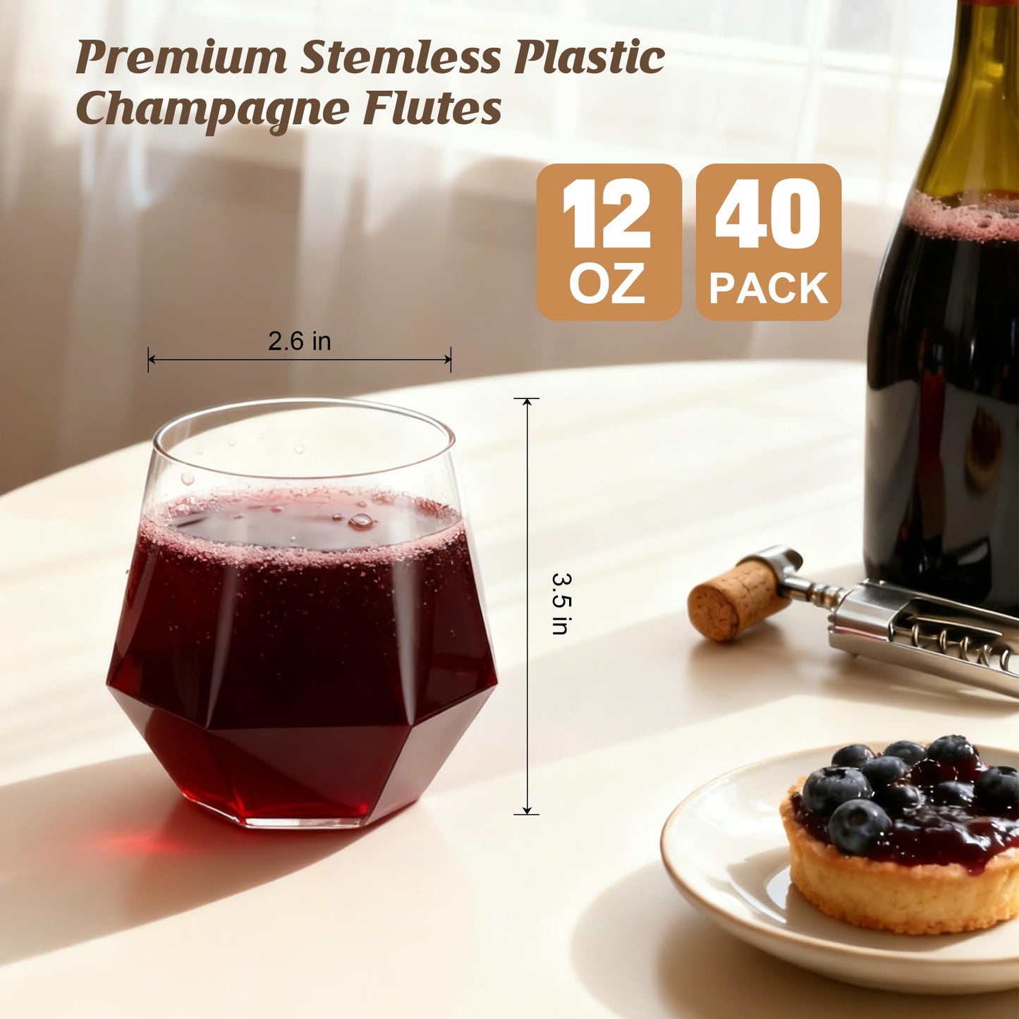 40 Pack 12oz Diamond Plastic Wine Glasses, Disposable Stemless Wine Cups - Shatterproof, Unbreakable & BPA-Free, Recyclable Drinkware for Wedding Reception, Birthday Party, New Year, Holidays & Events