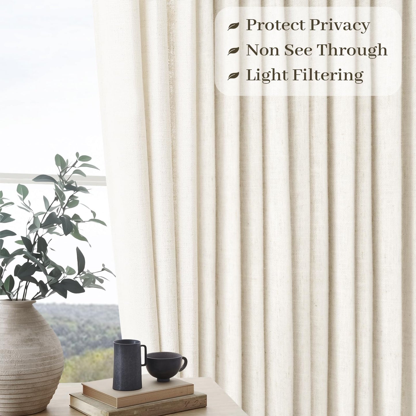 90 inch Pinch Pleated Linen Curtains for Living Room Bedroom Natural Ivory Birch Boho Country Thick Linen Textured Light Filtering Pinch Pleat Drapes Back Tab Semi Sheer Window Curtain 2 Panels