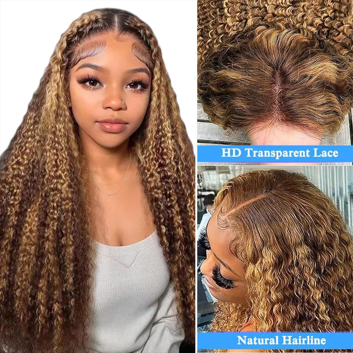 4/27 Ombre Deep wave Lace Front Wigs Human Hair, 13x4 HD Lace Ombre Curly Wig Human Hair, 26 Inch Curly Highlighted Wig Human Hair Glueless Pre Plucked, Honey Blonde Deep Wave Wig Human Hair 180%