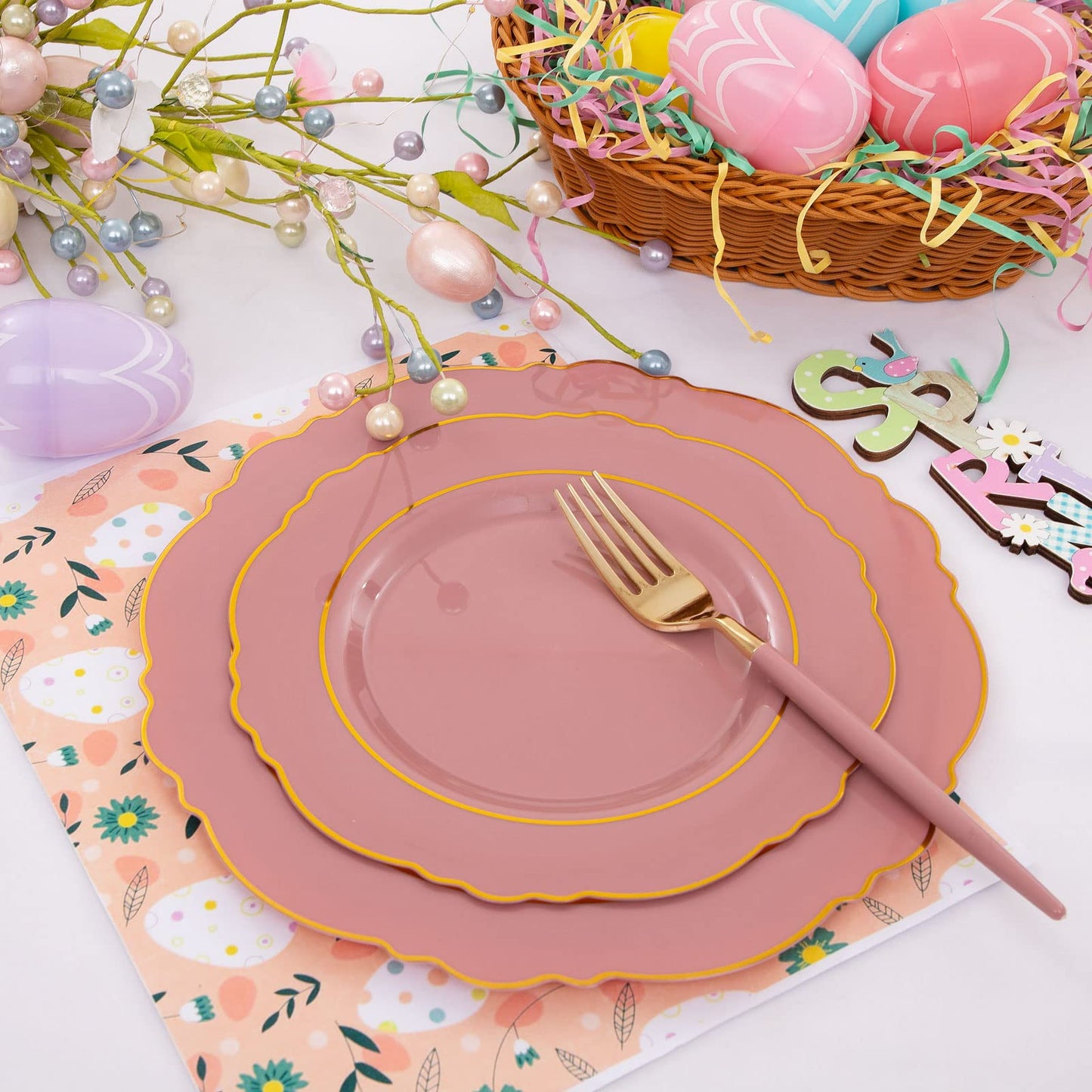 Nervure Purple Plastic Plates 100 Packed- Mauve and Gold Disposable Plates & Gold Plastic Silverware with Purple Handle For Wedding&Coming Spring Parties - Served for 20Guests