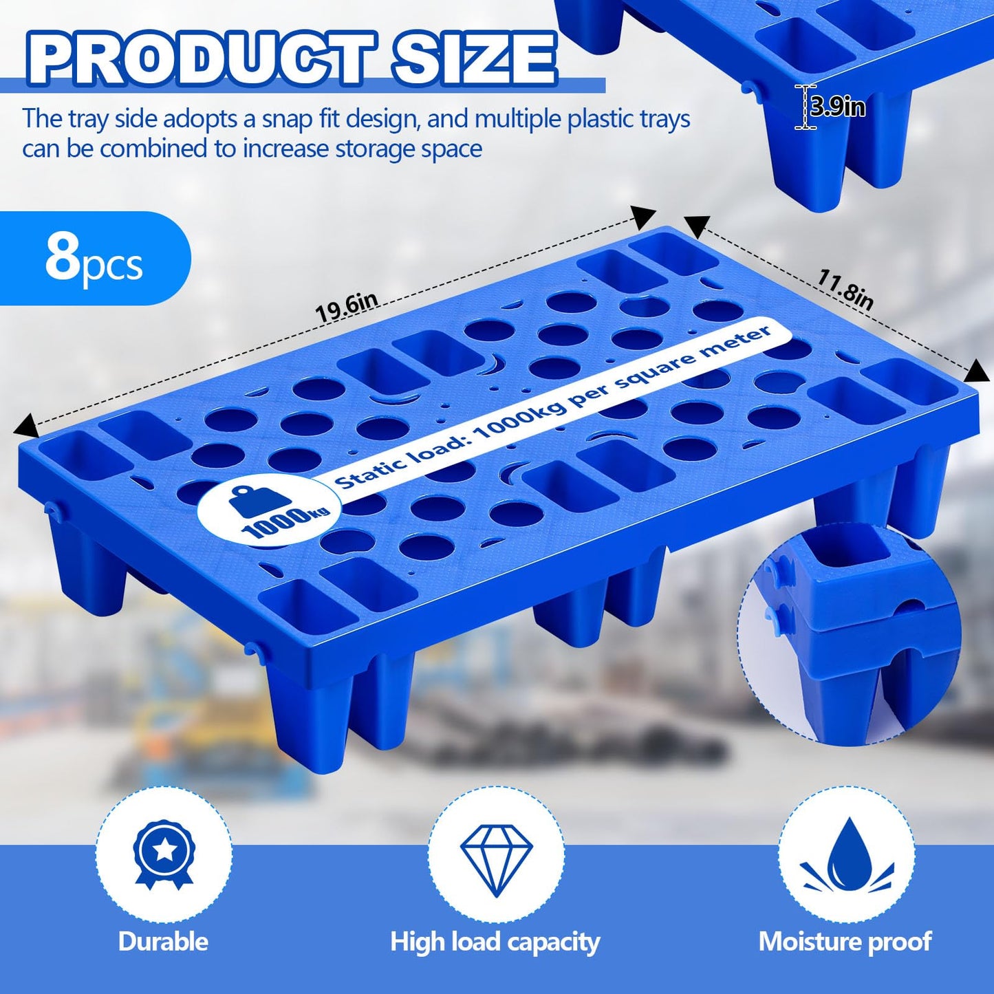 Singhoow 8 Pcs Plastic Pallets for Basement Storage Nestable Moisture Waterproof Lightweight Floor Pallets with Breathable Grid for Indoor Outdoor Supermarket Warehouse (19.6 x 11.8 x 3.9 Inch,Blue)
