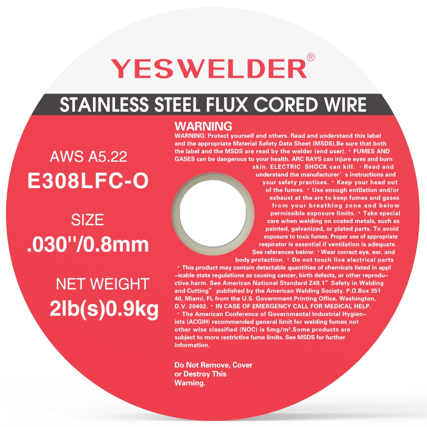 YESWELDER Stainless Steel Flux Cored Wire E308LFC-O .030-Diameter, 2-Pound