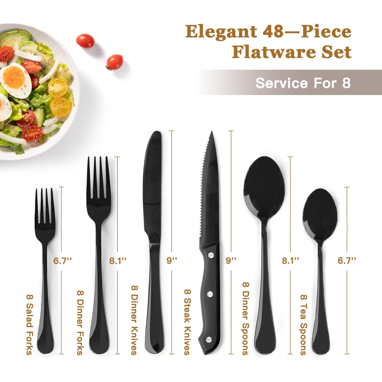 Astercook Silverware Set 48-Piece Black Flatware Set with Steak Knives Food-Grade Stainless Steel Cutlery Set for 8 Mirror Polished Utensils Set Include Spoons and Forks for Home Kitchen Restaurant