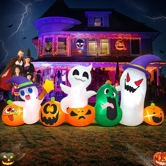 8 FT Halloween Inflatables Blow up Outdoor Decoration, Inflatable Ghost with Pumpkin Led Light Inflatables Outdoor Decor Blow up Inflatables for Holiday Party Lawn Yard Garden Decor
