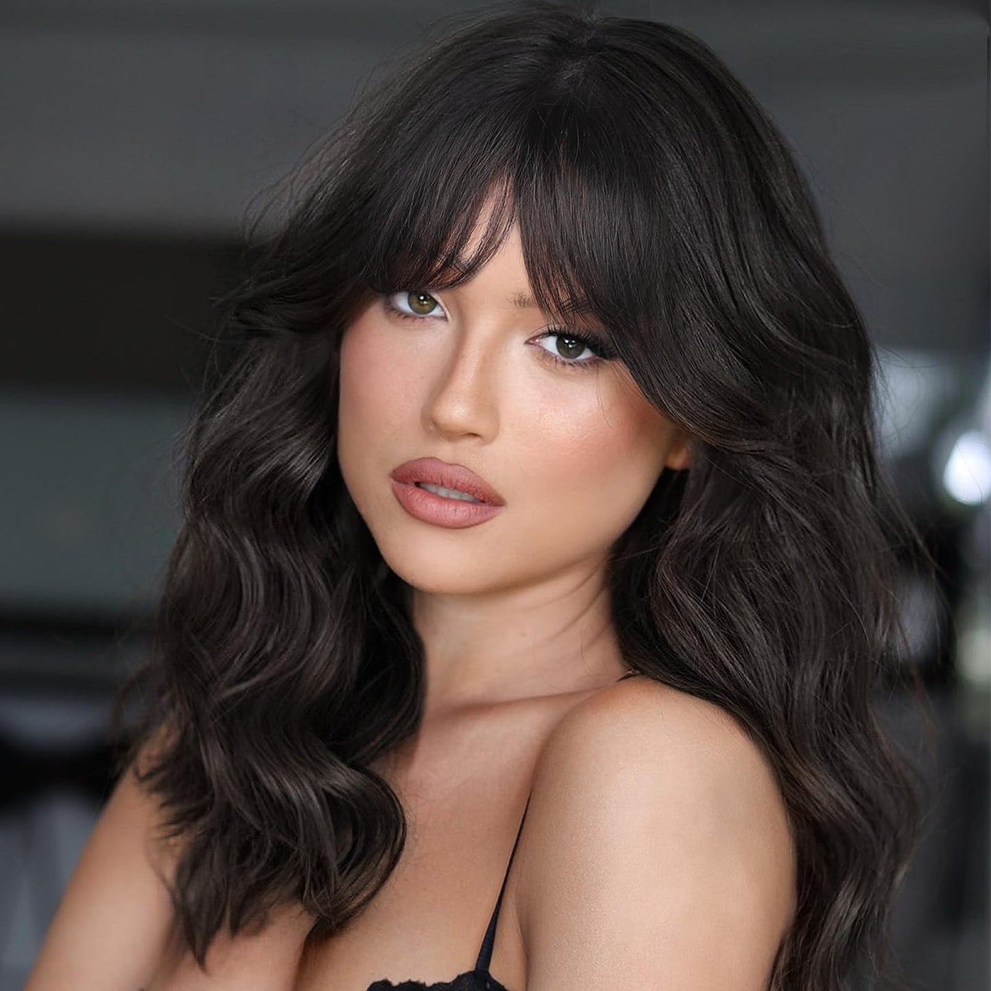 WIGNEE 100% Virgin Human Hair Natural Wave Wigs with Bangs Brazilian Human Hair Wave Wigs For Black Women Natural Black Color (14 Inch)