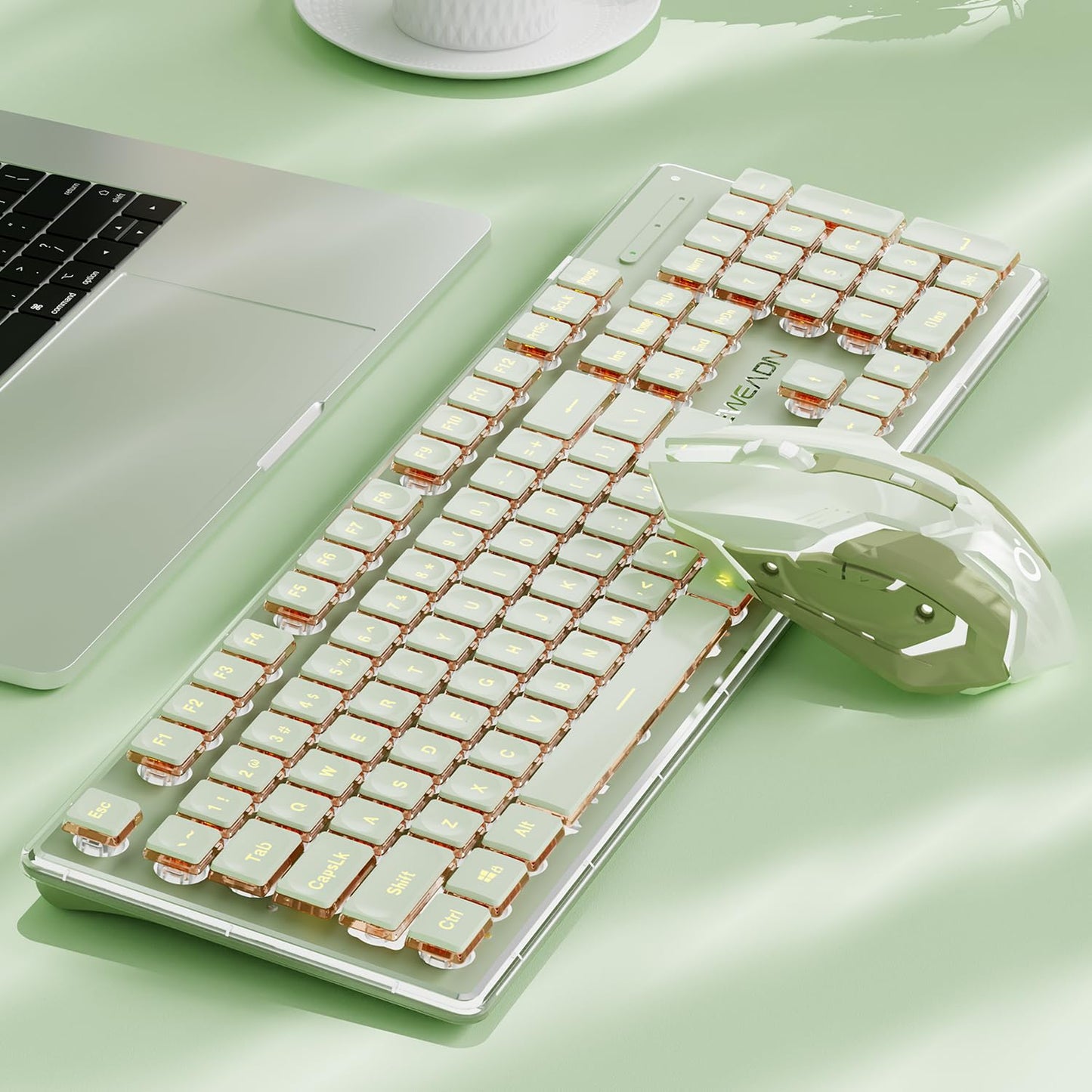 V3 Wireless Keyboard and Mouse with Single Backlit, Metal Panel, Bluetooth/2.4G Rechargeable Silent Keyboard and Mouse Combo Light up Full Size Cute Keyboards-Green