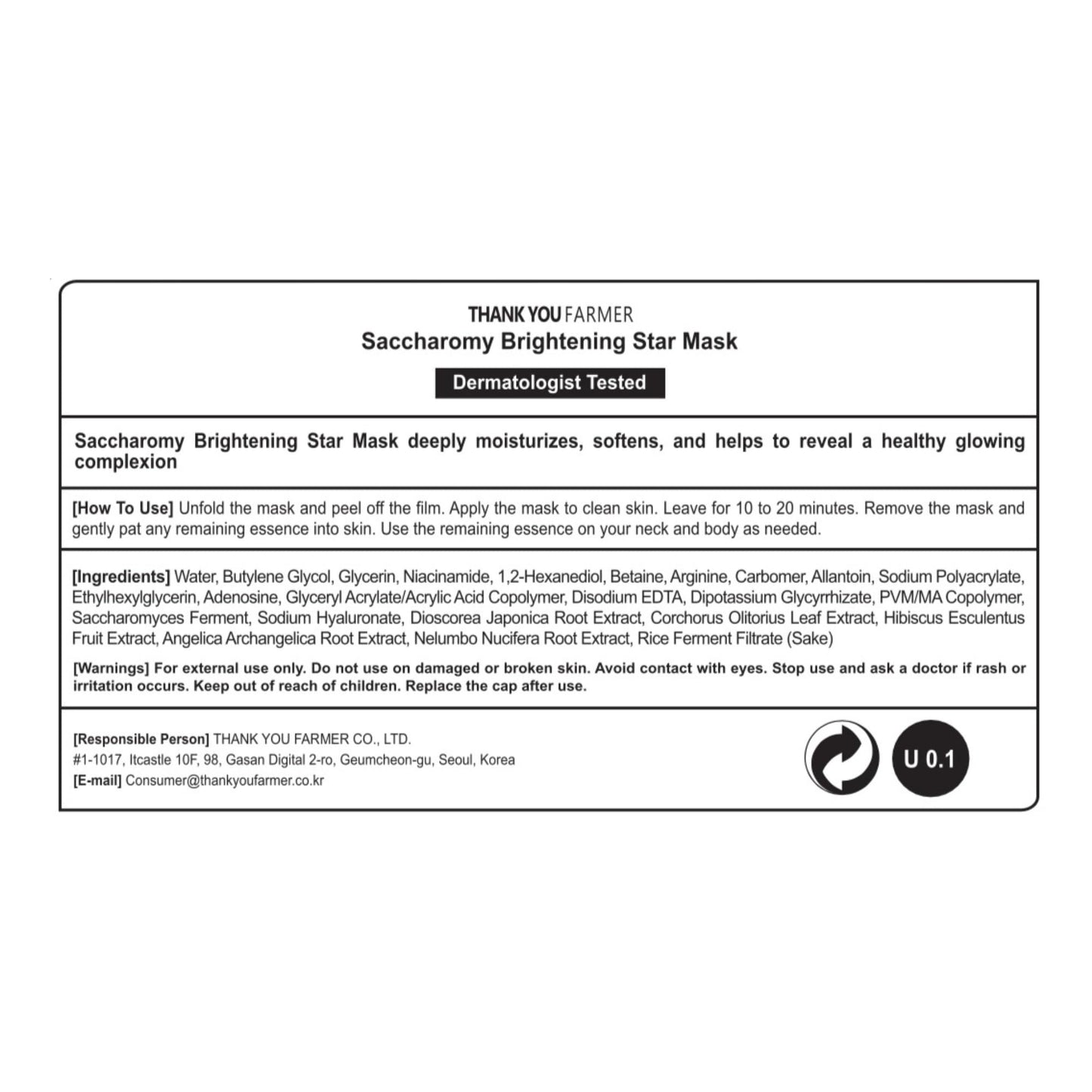 THANKYOU FARMER Saccharomy Brightening Star Mask (10ea) - Phyto Mucin Essence for Glowing, Niacinamide, Fermented Rice, Saccharomyces, Korean Sheet Mask for Dry and Dehydrated Skin (10)