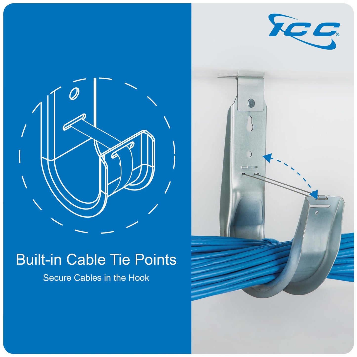 ICC Ceiling Mount J Hook 2” with Retainer Clip - Galvanized Steel Cable Management Hooks for Hanging Cable - Rust-Resistant, EIA and TIA Compliant - 2 Inch 25-Pack