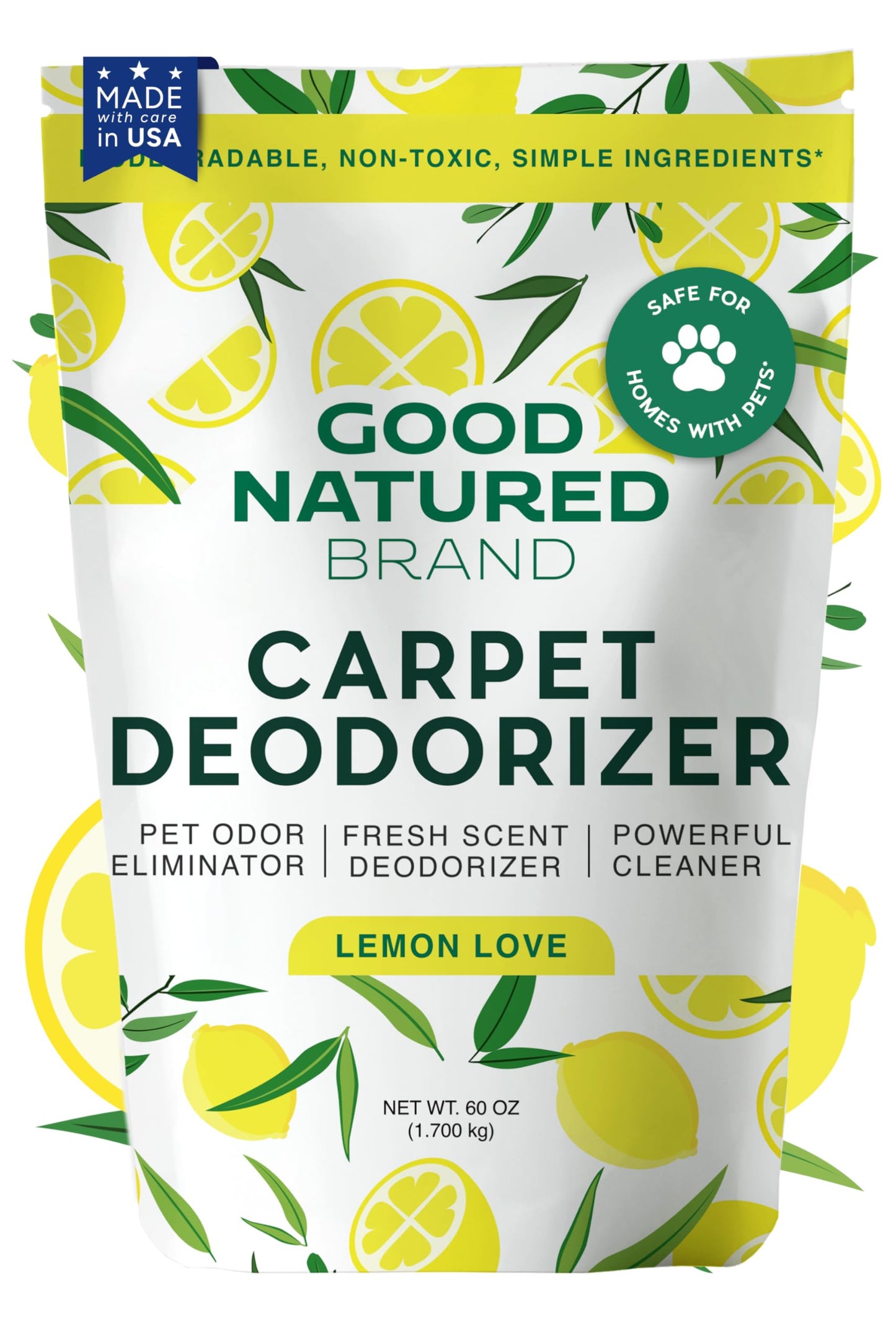 Good Natured Brand | Carpet Deodorizer & Freshener Powder | 60 oz Pet Odor Eliminator for Strong Odor & Pet Urine | Fresh Natural Lemon Love | Safe for Homes with Pets