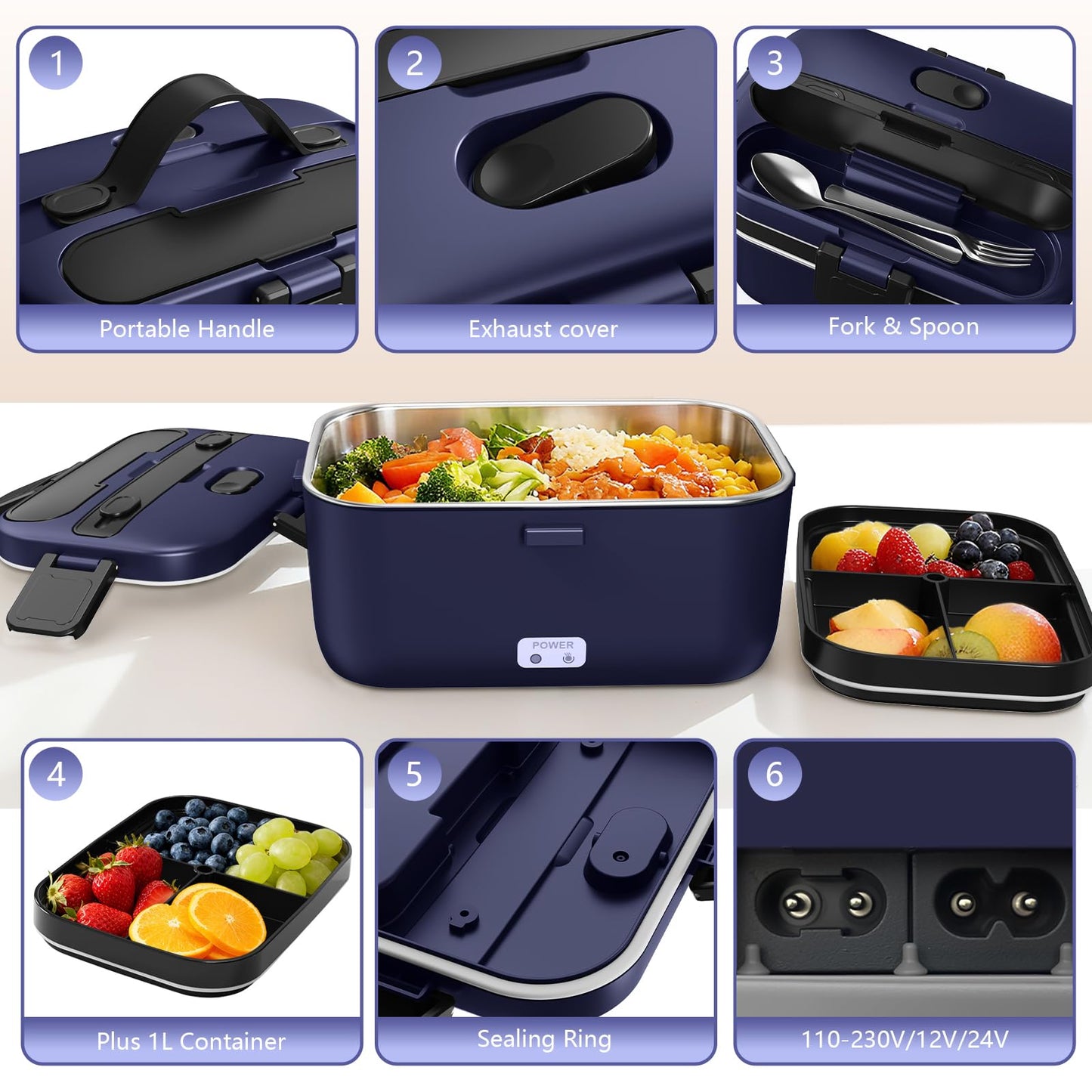 Electric Lunch Box for Adults, 2.8L Double Layer 100W Fast Heated Lunch Box, Heating Food Heater Warmer for Home Office Car Truck Use, Extra Large Lonchera Electrica Portátil 12/24V/110-230V, Blue