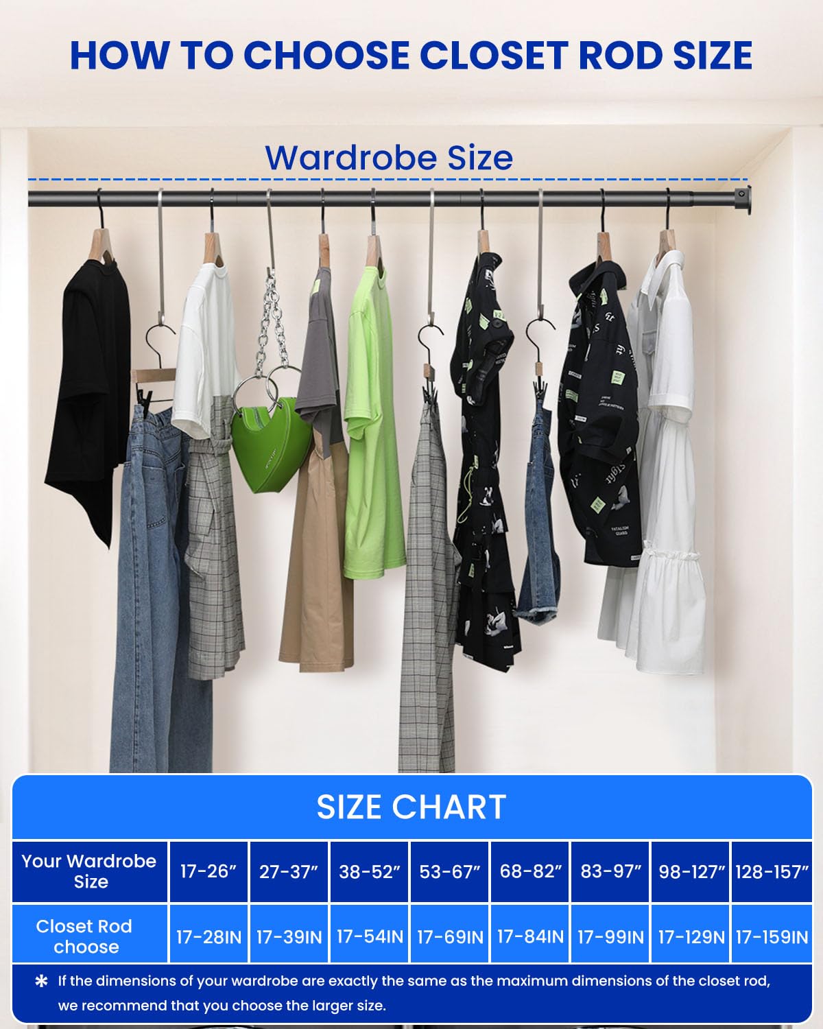 Supforce 2 PACK Closet Rods for Hanging Clothes, 17 to 84 Inches Stepless Adjustable Metal Closet Rod, 1.3 Inches Heavy Duty Clothes Hanging Rod for Closet Wardrobes Laundry RV, Black