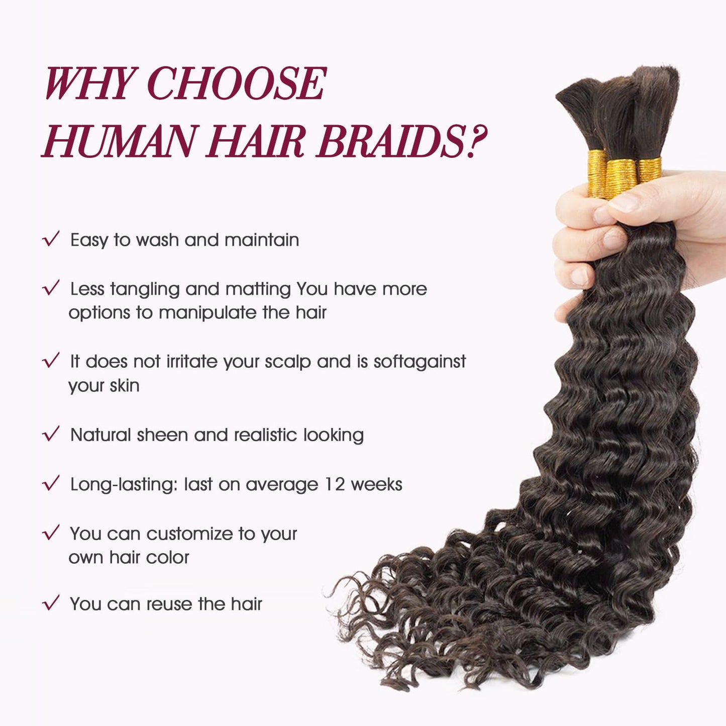 Human Braiding Hair Deep Wave Bulk Human Hair for Braiding No Weft (1 Pack-2 Bundles-100g) Human Braiding Hair for Boho Braids (4/30#, 20INCH)