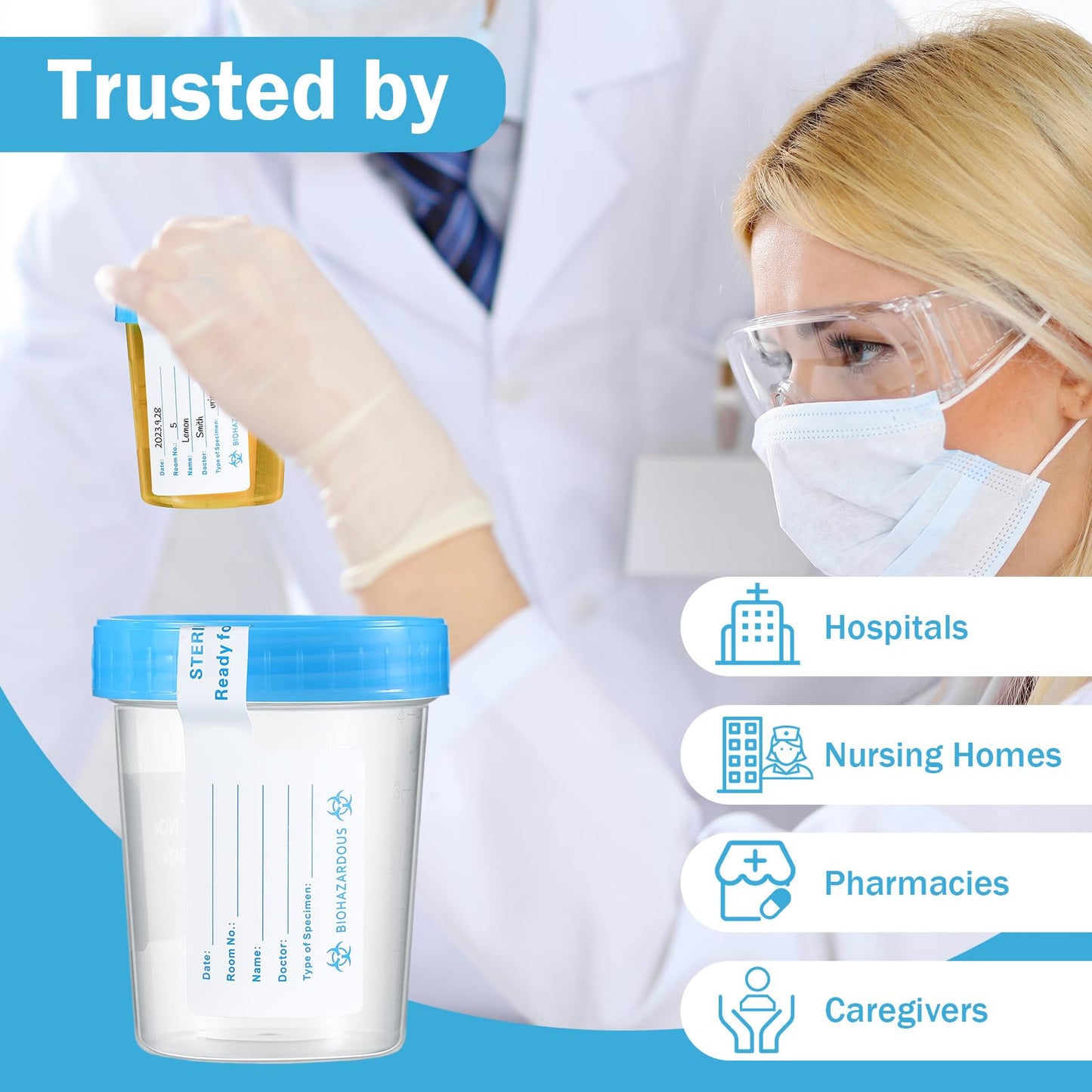 200 Pcs Urine Specimen Cups with Lids and Evident Seal Urine Sample Cups Collection Cup Disposable for Collection and Testing (Blue Lids)