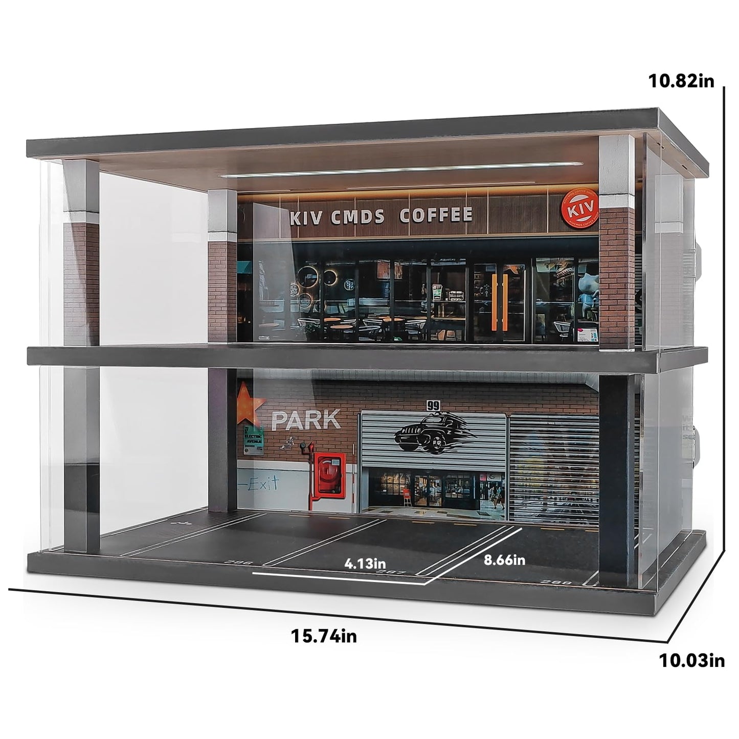 kivcmds 1:24 Scale Car Model Display Case with Parking Lot Scene for Car Model Toys and Lego, Display Stand for Alloy Car Model Toys with Light and Dust Cover (Coffee Bar Parking Lot)