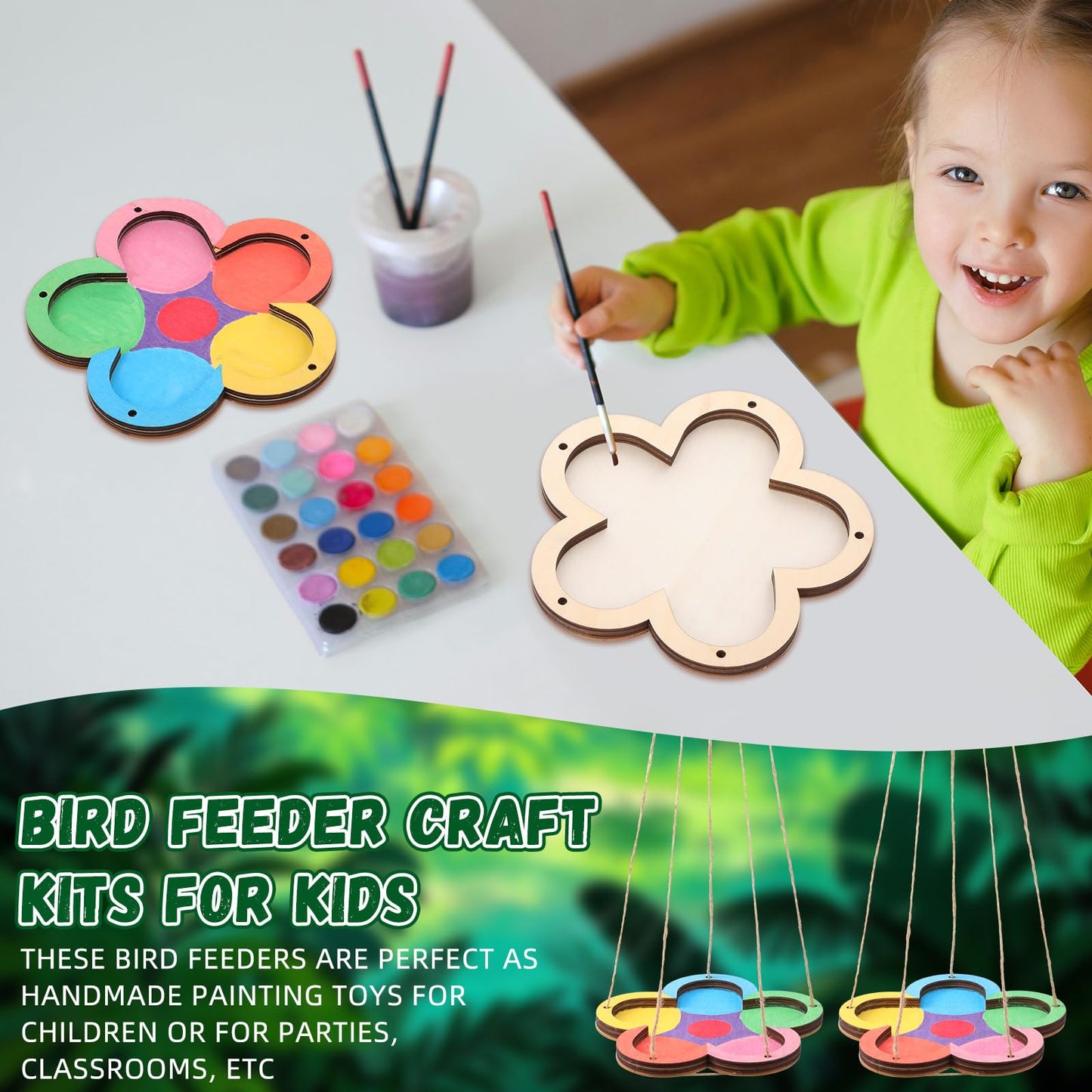 DoubleFill 24 Pcs Thickened Wood Bird Feeder Craft Kits for Kids Ages 6+, 1.2cm Thick Hanging Bird Feeders, Painting Crafts for Easter DIY Painting, Outdoor Garden Decoration